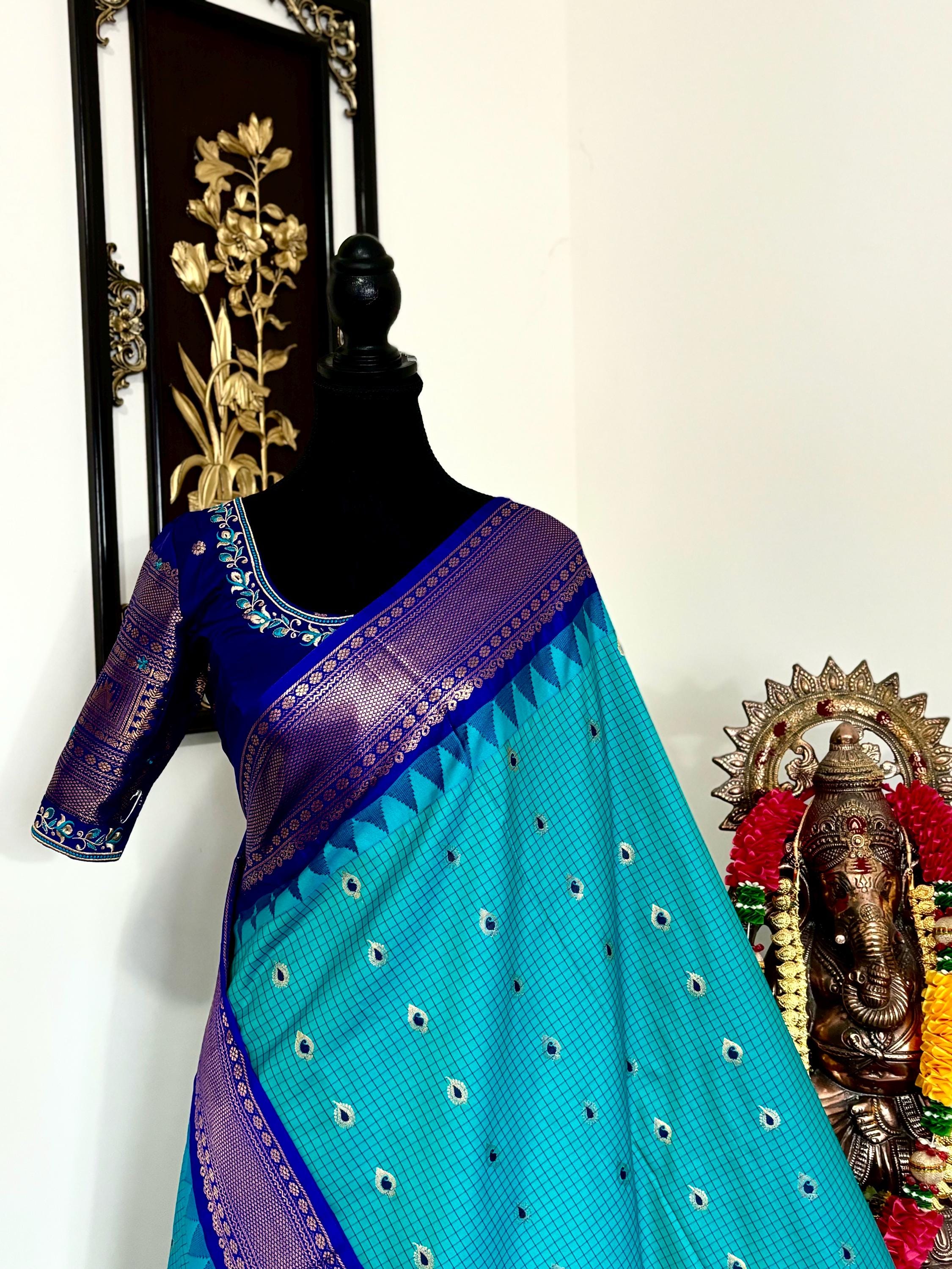 Gadwal Handloom pure silk sarees in rare colors and ready to wear blouse with embroidered blouse fits up to 32 -46 saree is ready fall pico