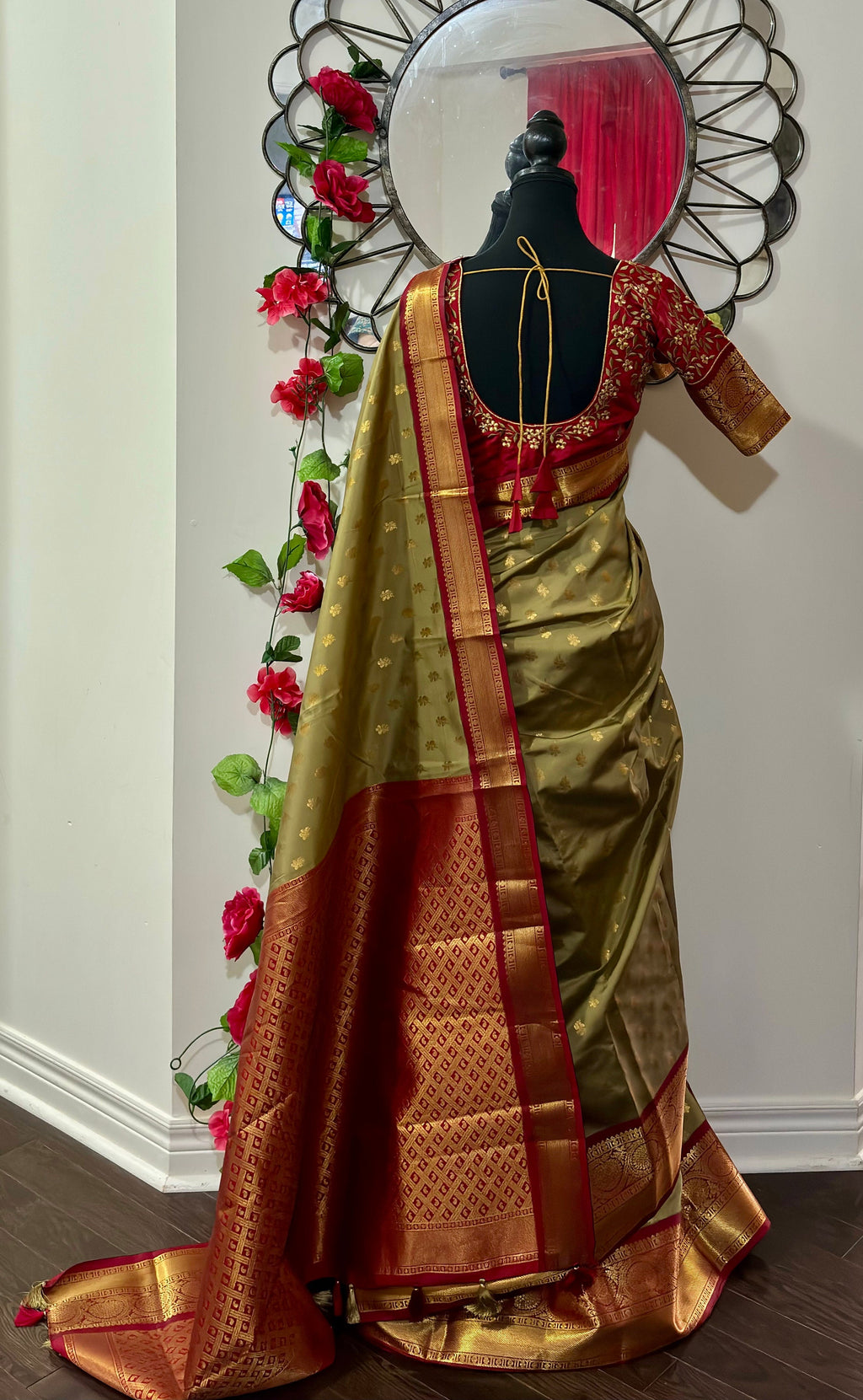 Kanchipuram soft silk saree in rarecolors with beautifully done hand  made embroidered blouse with readytowear work blouse fitsup to32 to 46