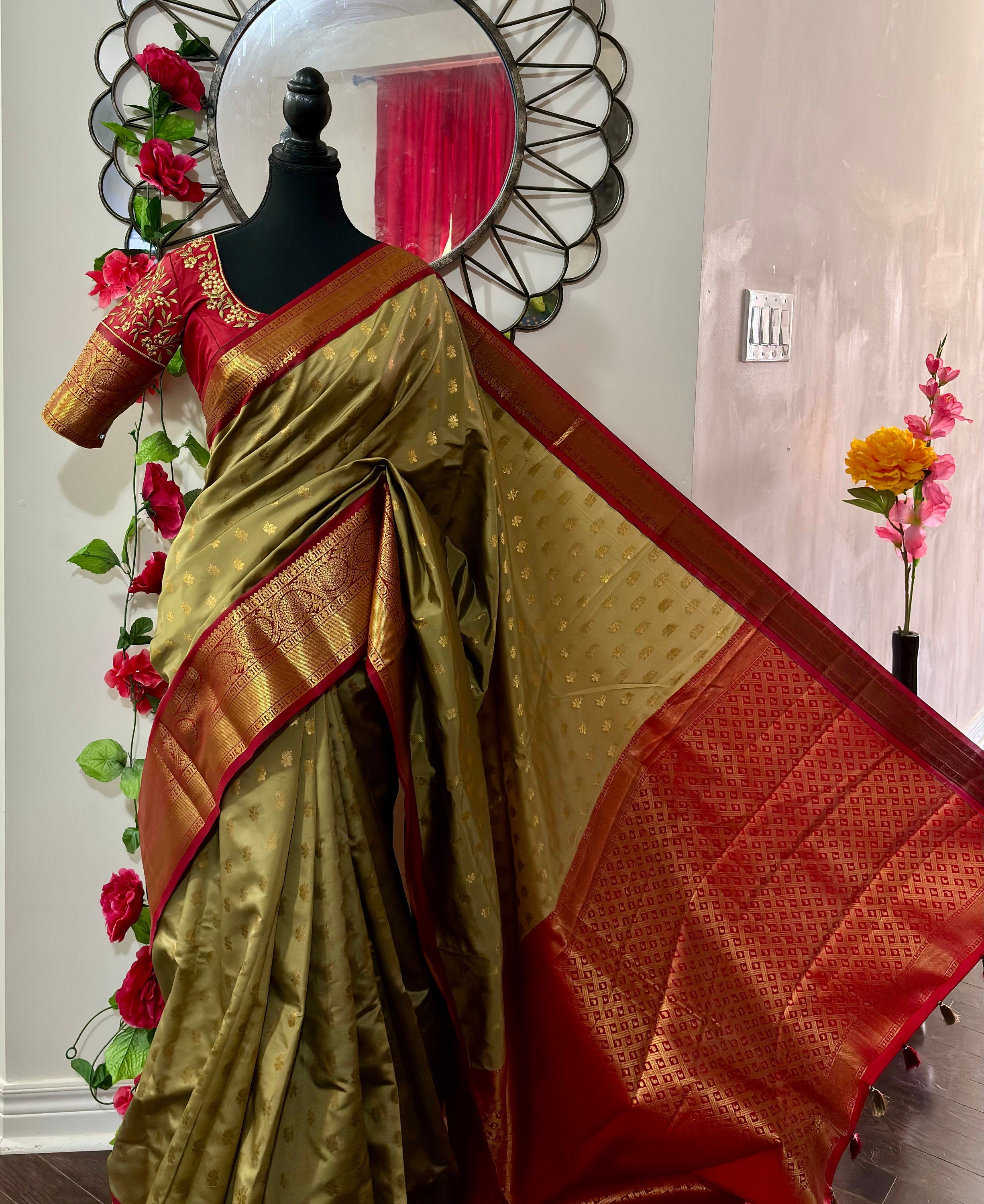 Kanchipuram soft silk saree in rarecolors with beautifully done hand  made embroidered blouse with readytowear work blouse fitsup to32 to 46