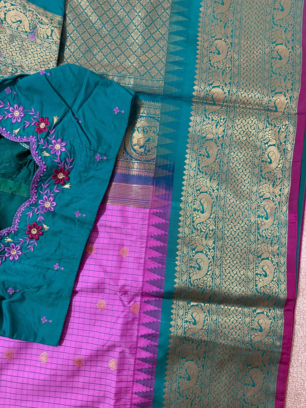 Gadwal Handloom pure silk sarees in rare colors and ready to wear blouse with embroidered blouse fits up to 32 -46 saree is ready fall pico