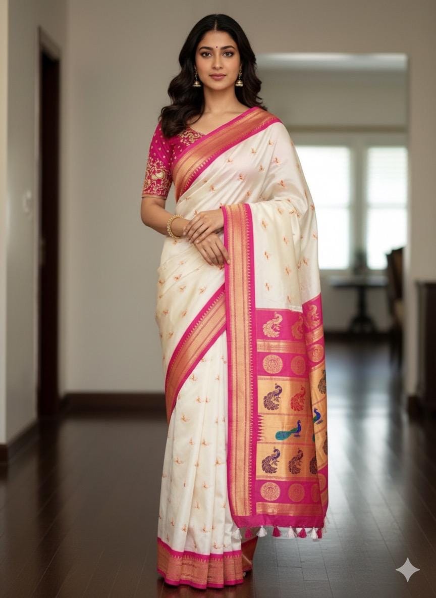 Beautiful pythani pure silk saree with   ready to wear beautiful  work blouse fits up to 32 to 46 Bottle green color, saree is ready to wear