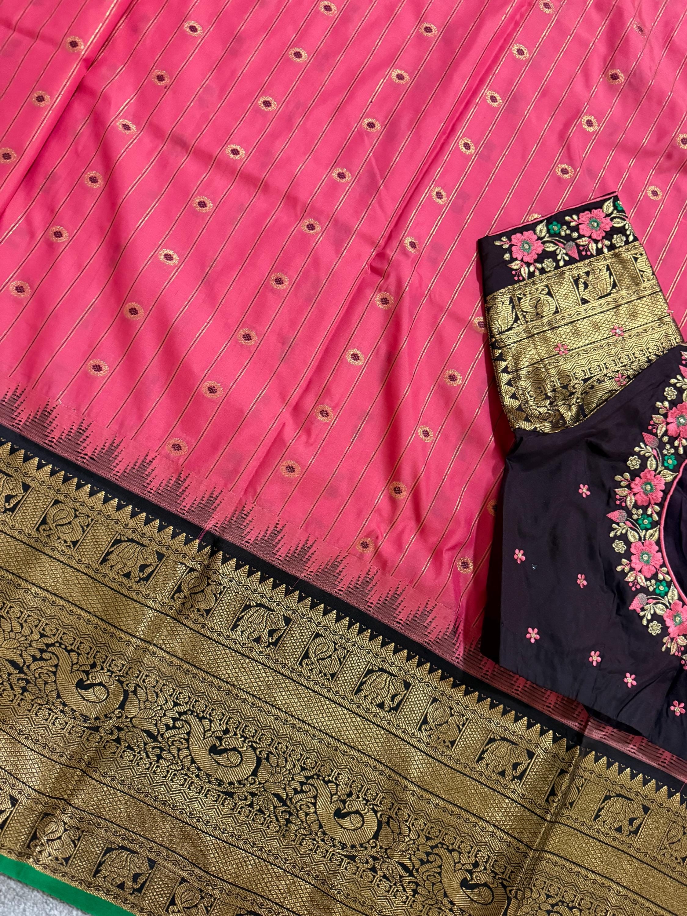 Gadwal Handloom pure silk sarees in rare colors and ready to wear blouse with embroidered blouse fits up to 32 -46 saree is ready fall pico