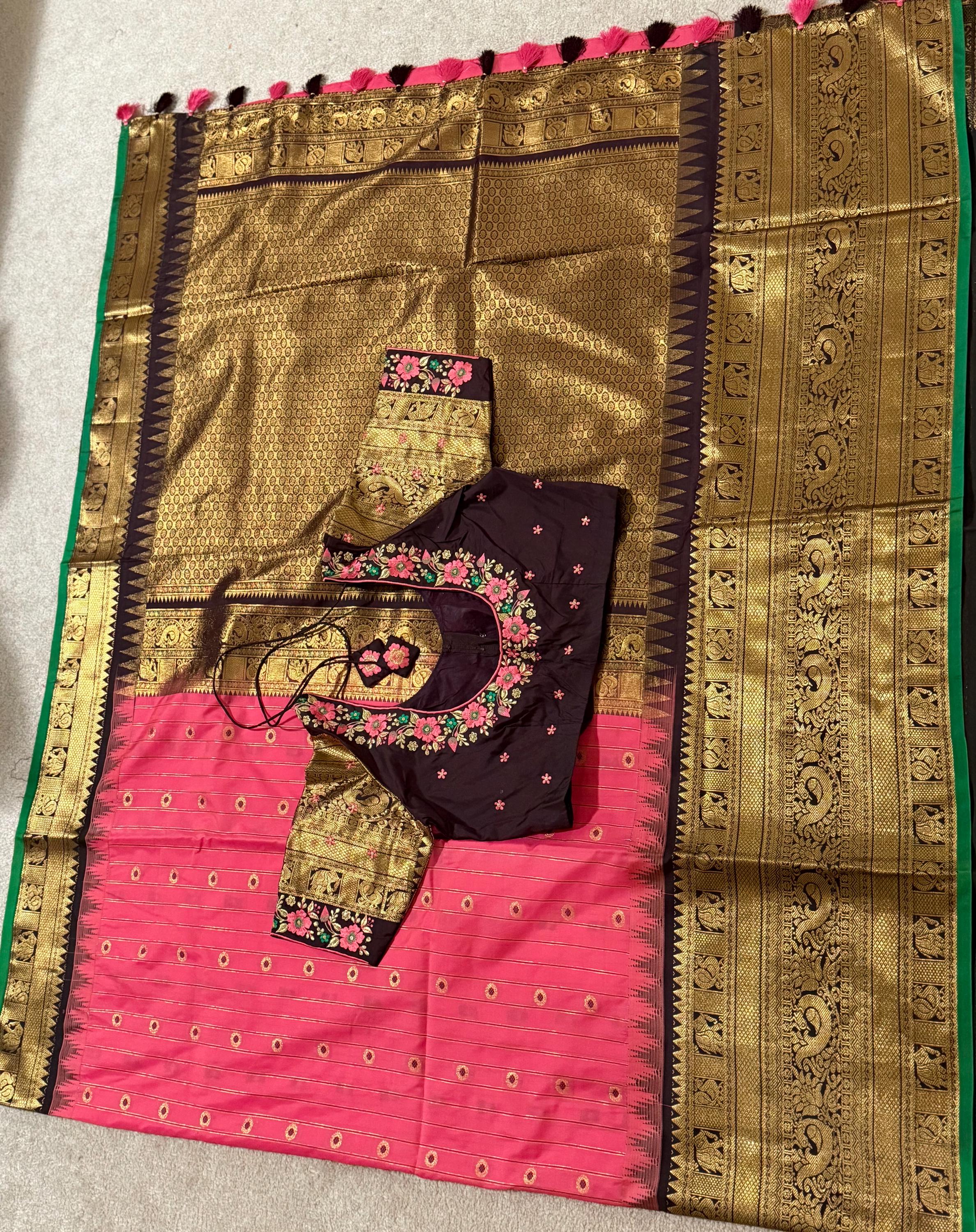 Gadwal Handloom pure silk sarees in rare colors and ready to wear blouse with embroidered blouse fits up to 32 -46 saree is ready fall pico
