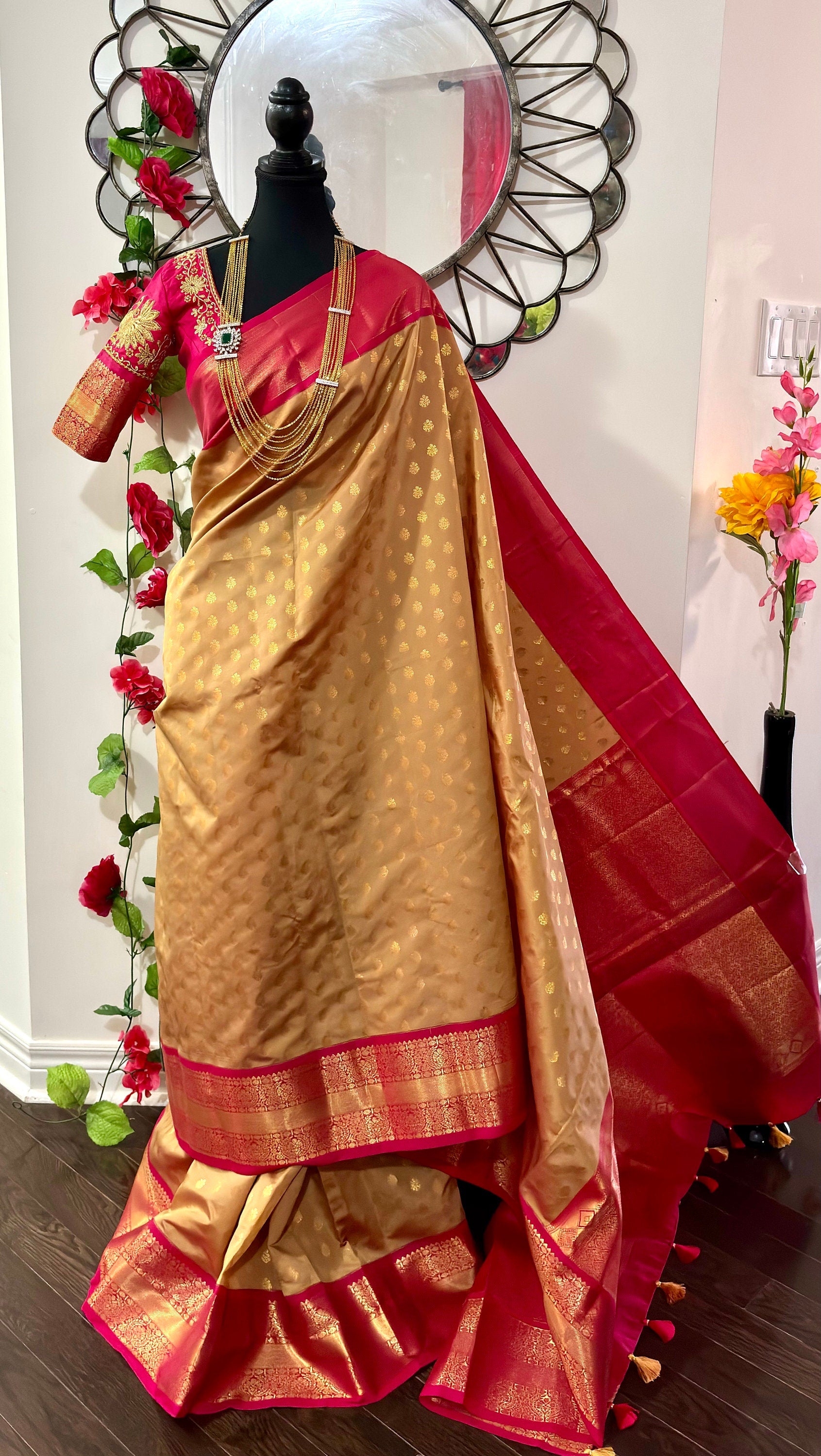 Kanchipuram soft silk saree in rare colors with beautifully done hand  made embroidered blouse with ready to wear work blouse fits 32 to 46