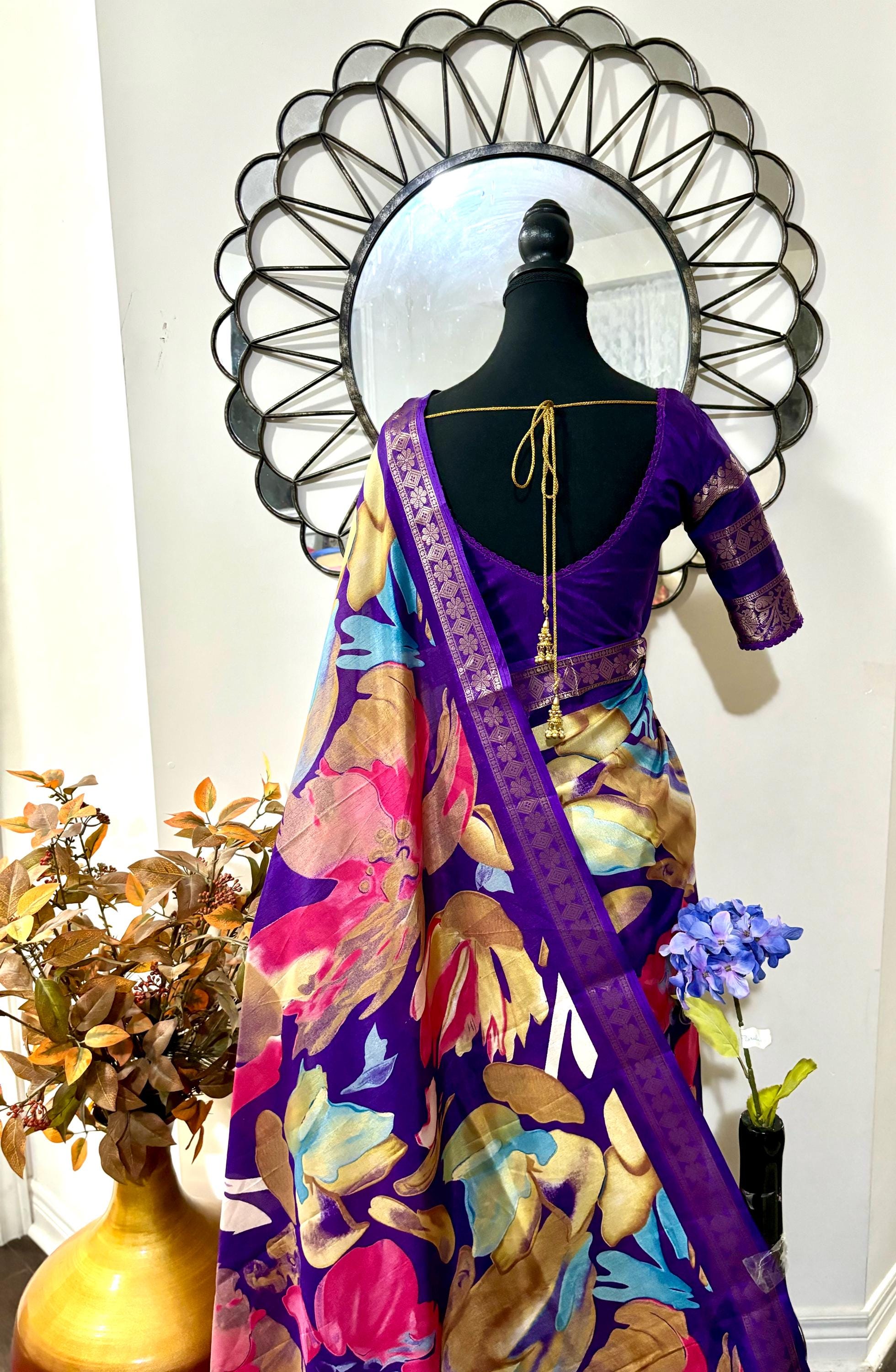 Light weight easy to drape Soft Silk fancy Saree; with beautiful digital floral prints  with Zari boarders ready to wear Blouse fits 32-46