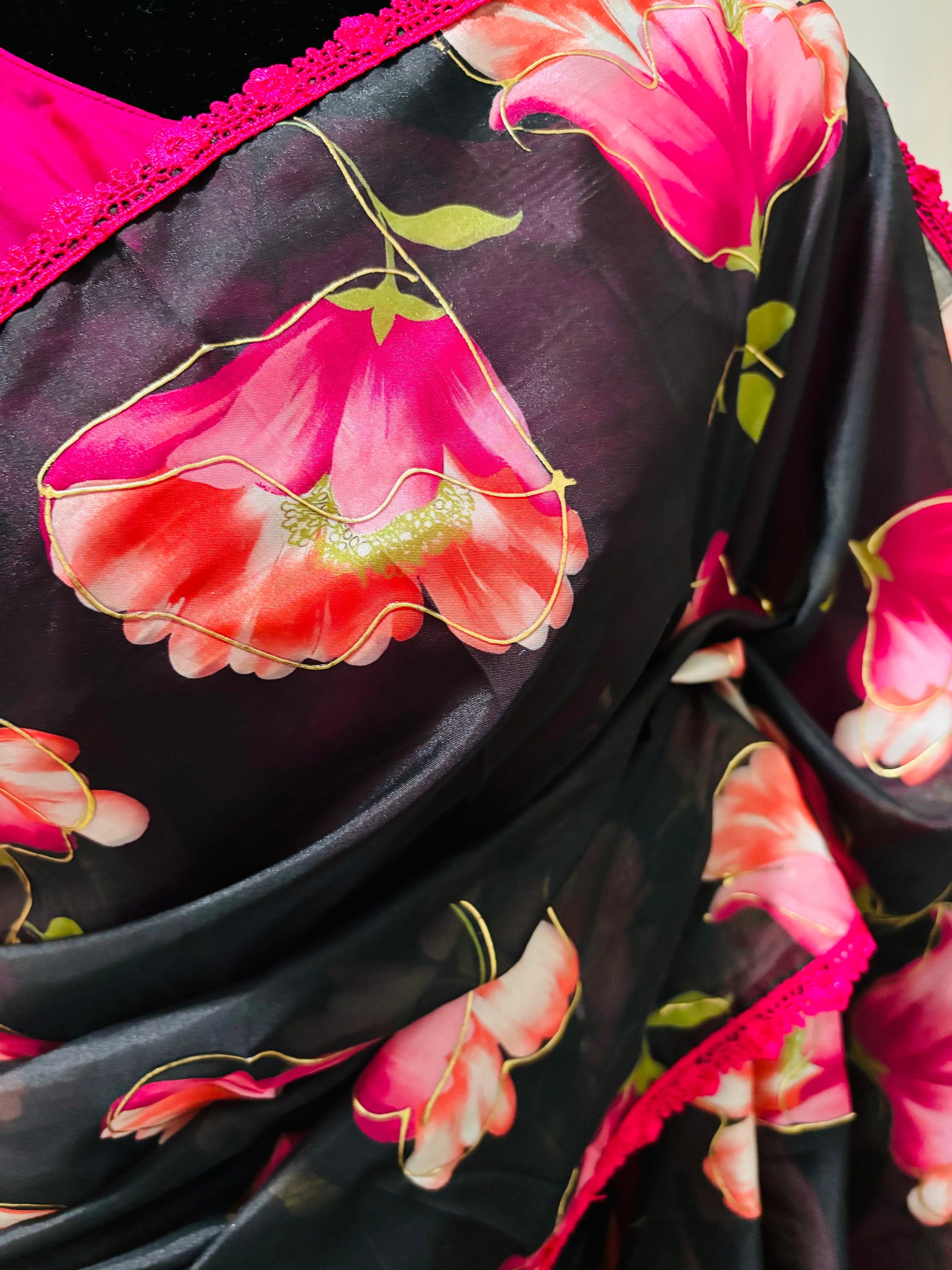 Beautiful Designer floral soft Organza Saree with beautiful lace ready to wear designer blouse fits to 32 to 46