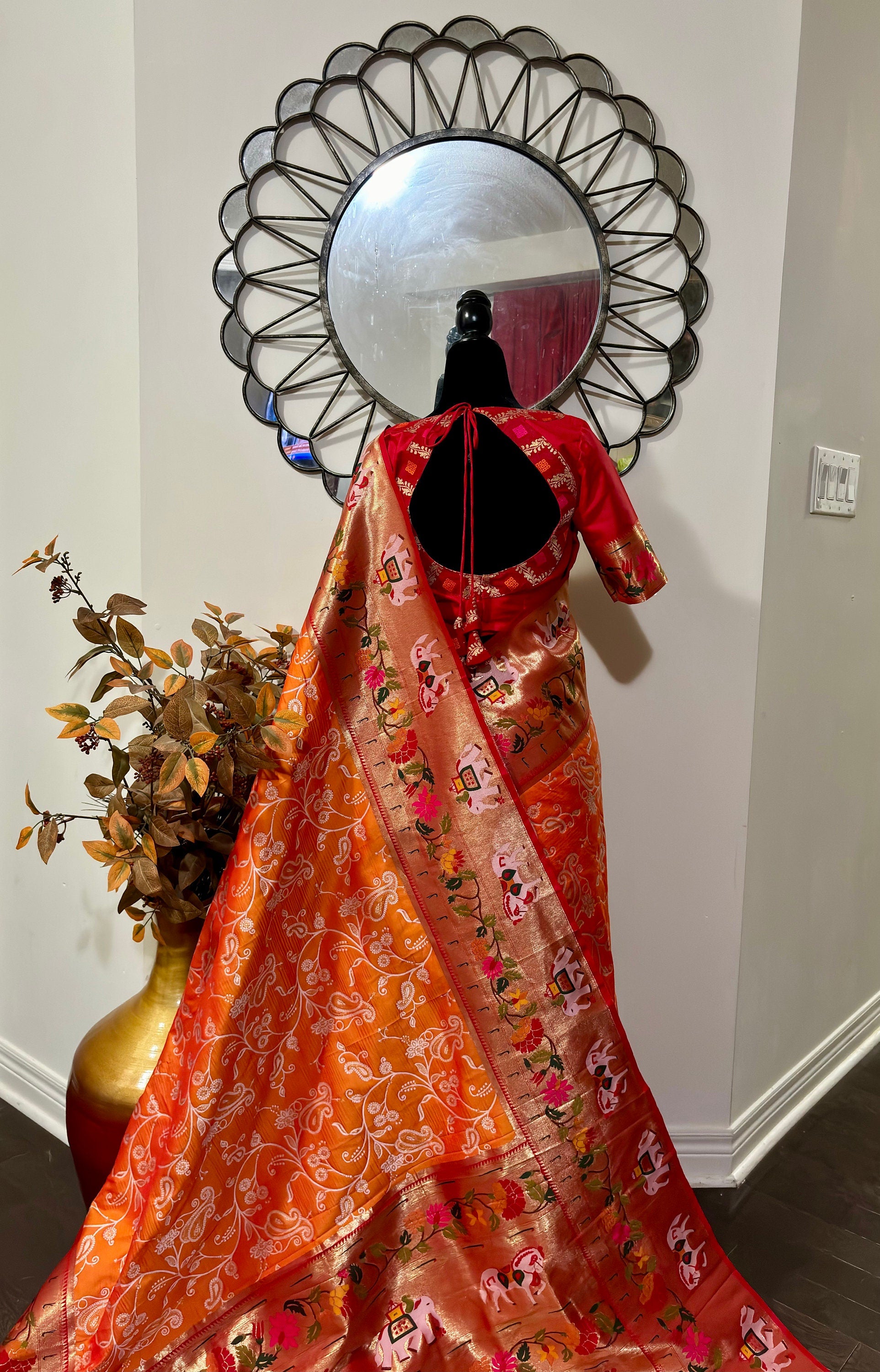 Beautiful Banarasi pythani saree in beautiful color with beautiful boarder and beautiful Pallu. Ready to wear maggam designer blouse 32-46