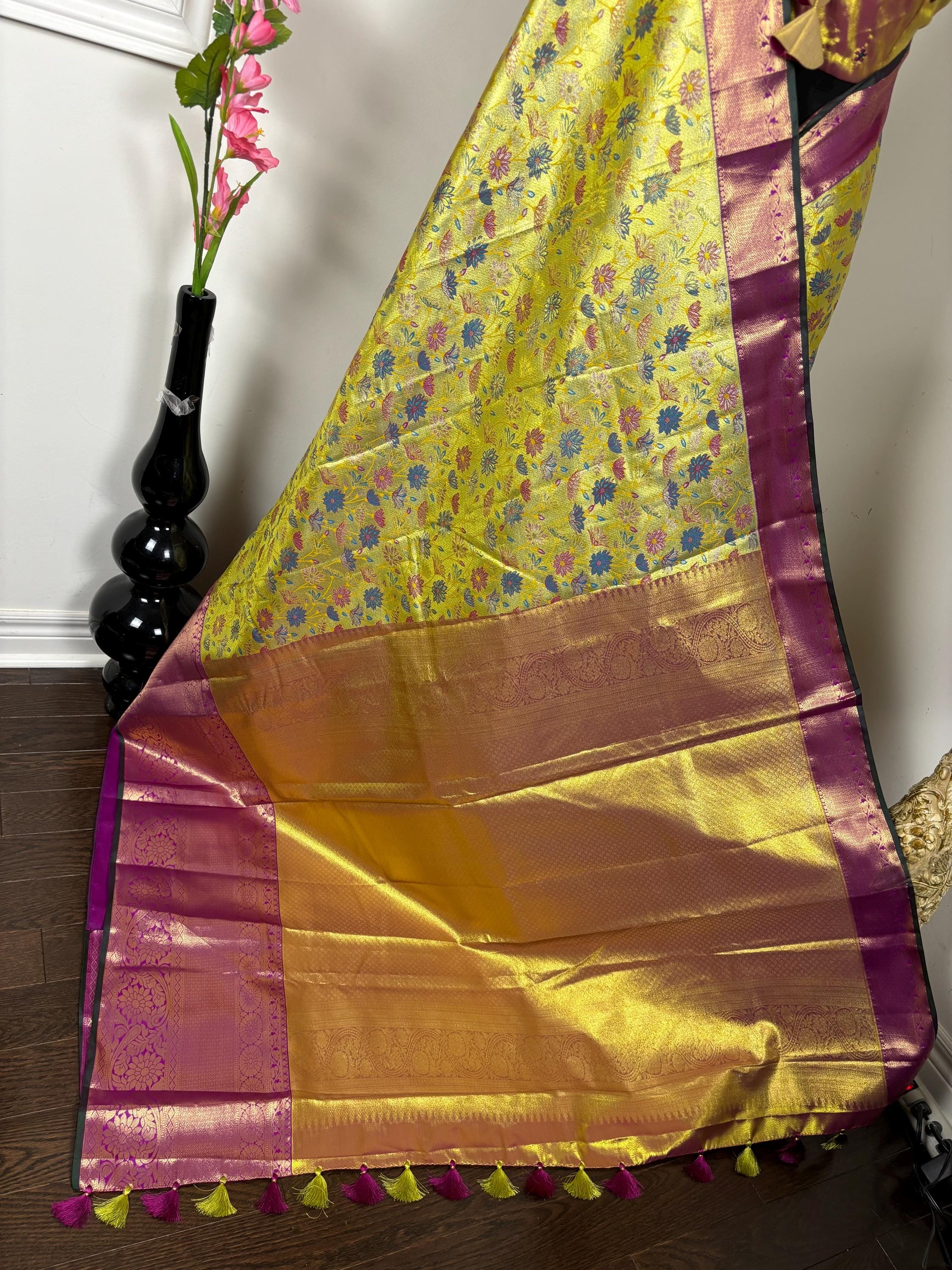 Kanchipuram tissu silk saree in rare colors with beautifully done hand  made embroidered blouse with ready to wear work blouse fits 32 to 46