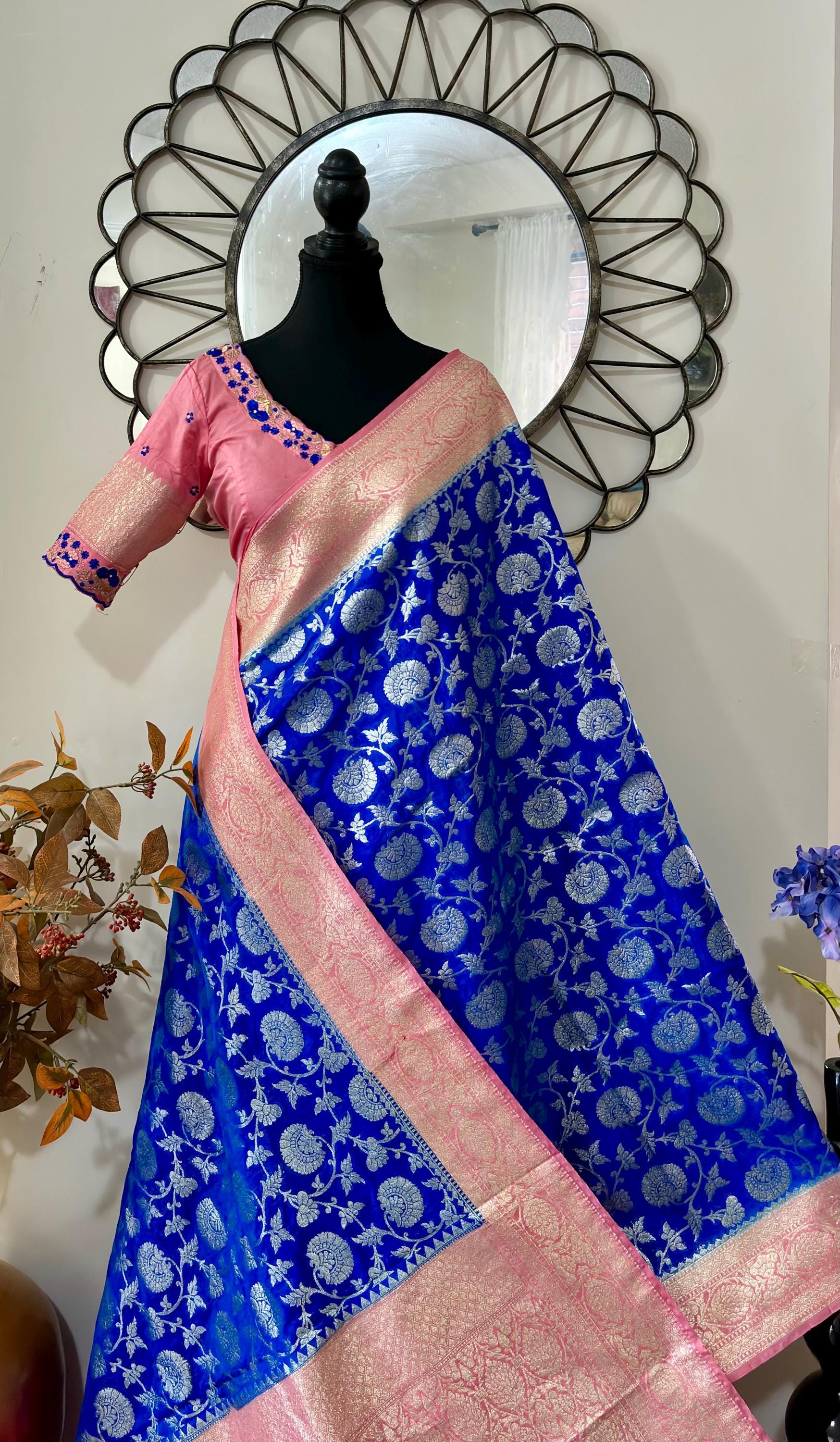 Beautiful banarasi silk saree paired up with beautiful embroidery blouse fits to 32 to 46 in beautiful rare colors all over jaal. Cocktails
