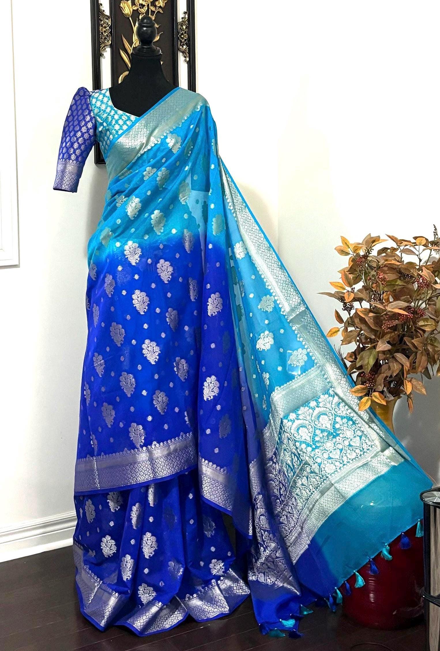 Banarasi dual shade handloom khadi georgette silk saree all over beautiful water zari weaving beautiful combinations, any color possible