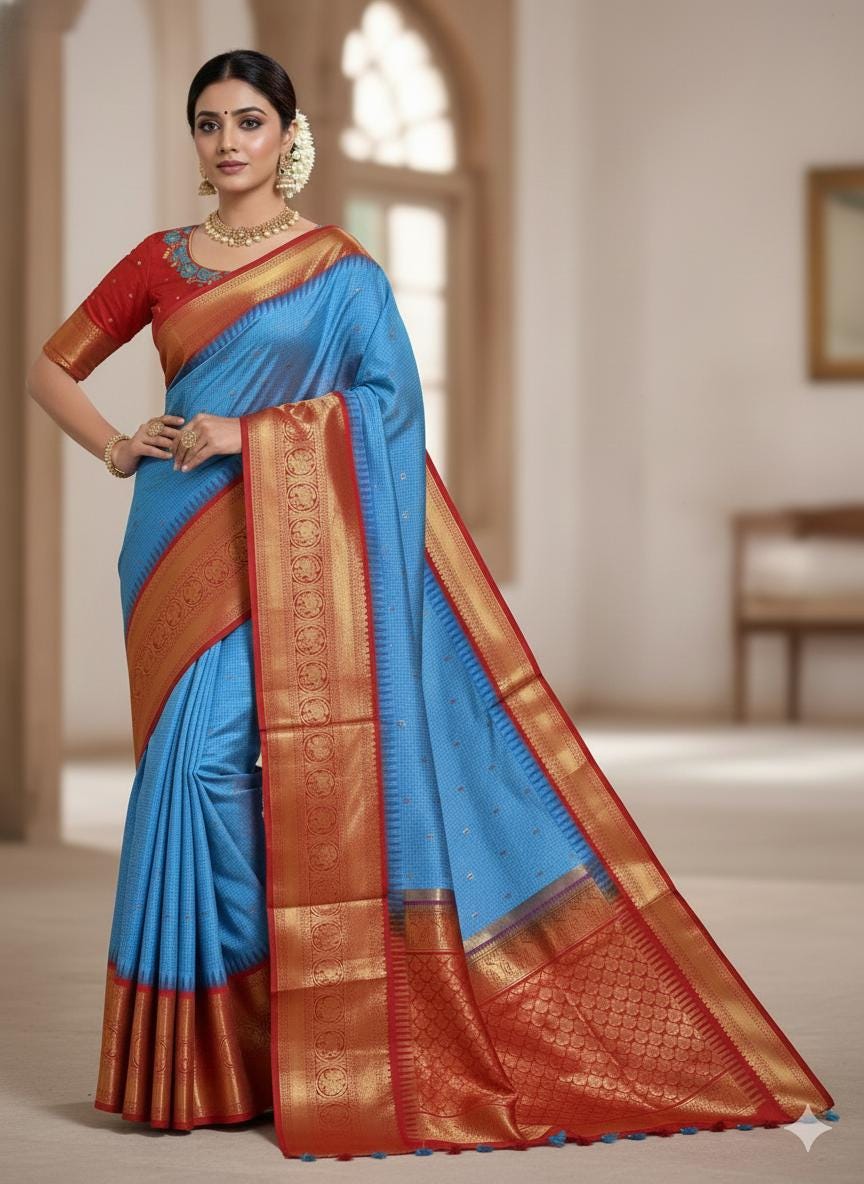 Gadwal Handloom pure silk sarees in rare colors and ready to wear blouse with embroidered blouse fits up to 32 -46 saree is ready fall pico