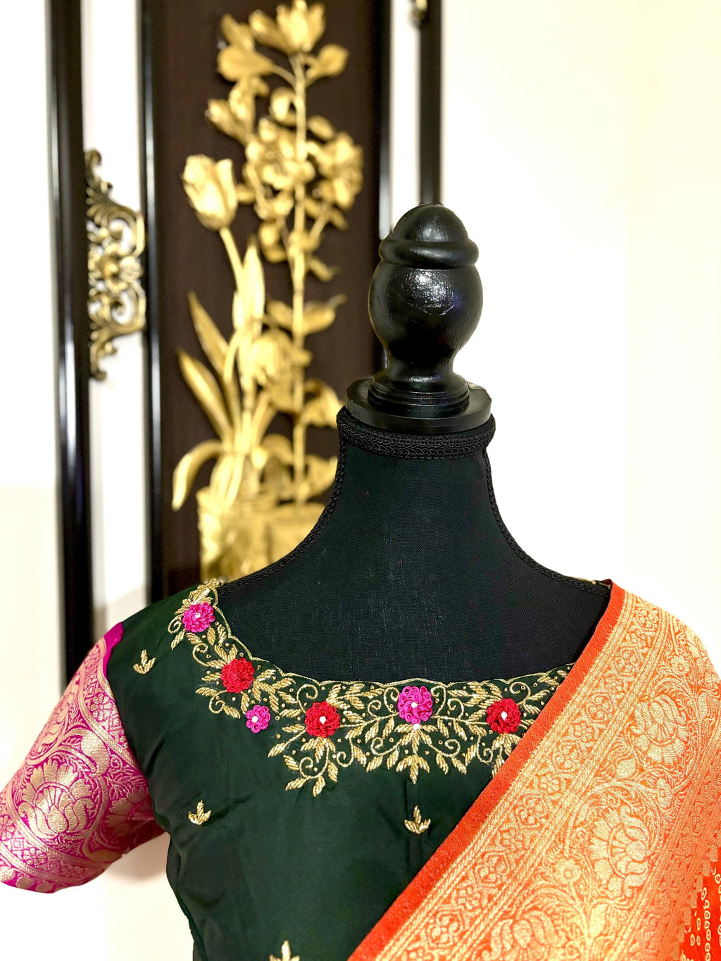 Beautiful cocktail dual shade banarasi  bandhini silk saree paired up pretty maggam blouse fits  sizes 32 -46 ready to wear prettiest blouse