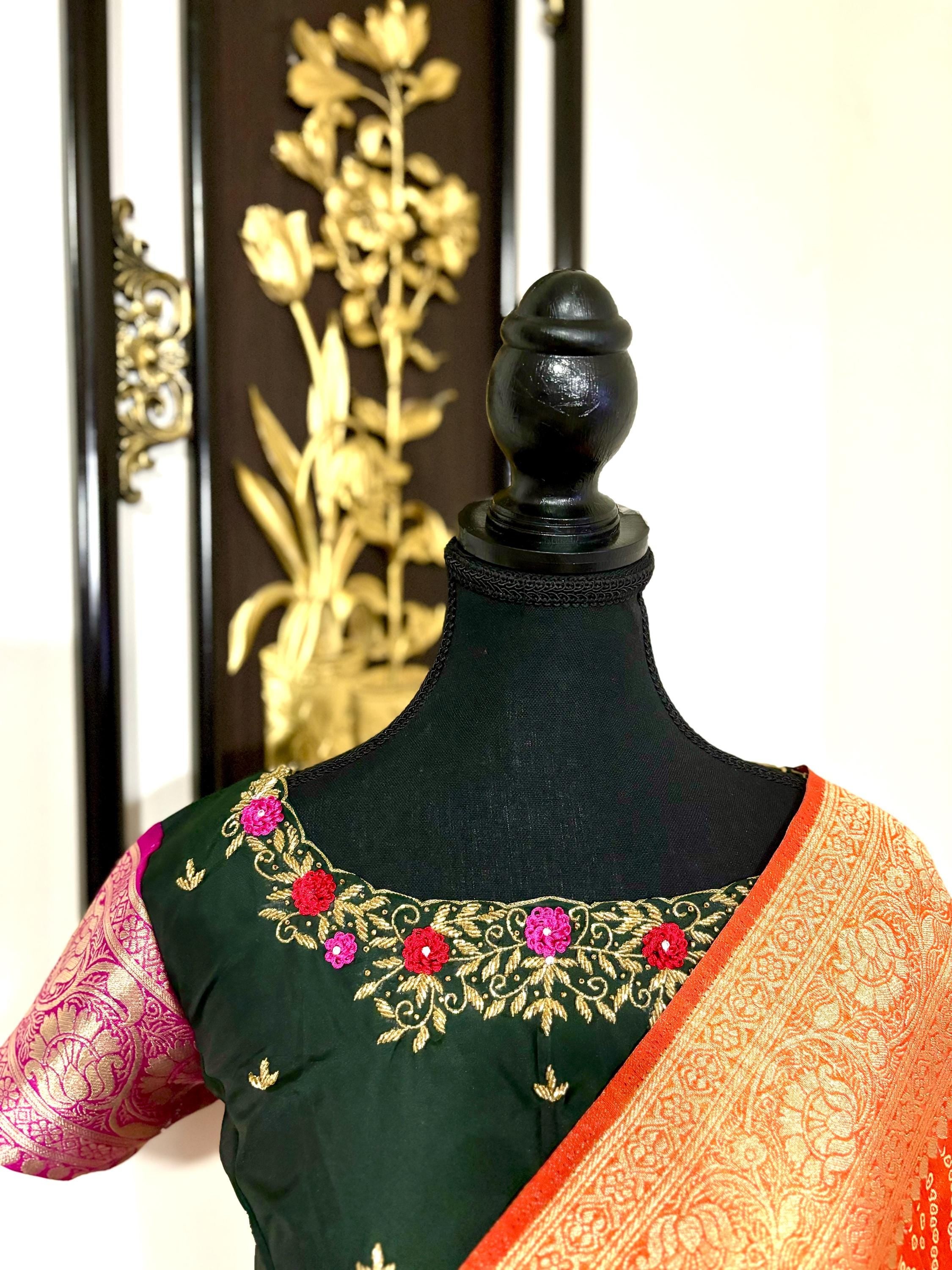 Beautiful cocktail dual shade banarasi  bandhini silk saree paired up pretty maggam blouse fits  sizes 32 -46 ready to wear prettiest blouse