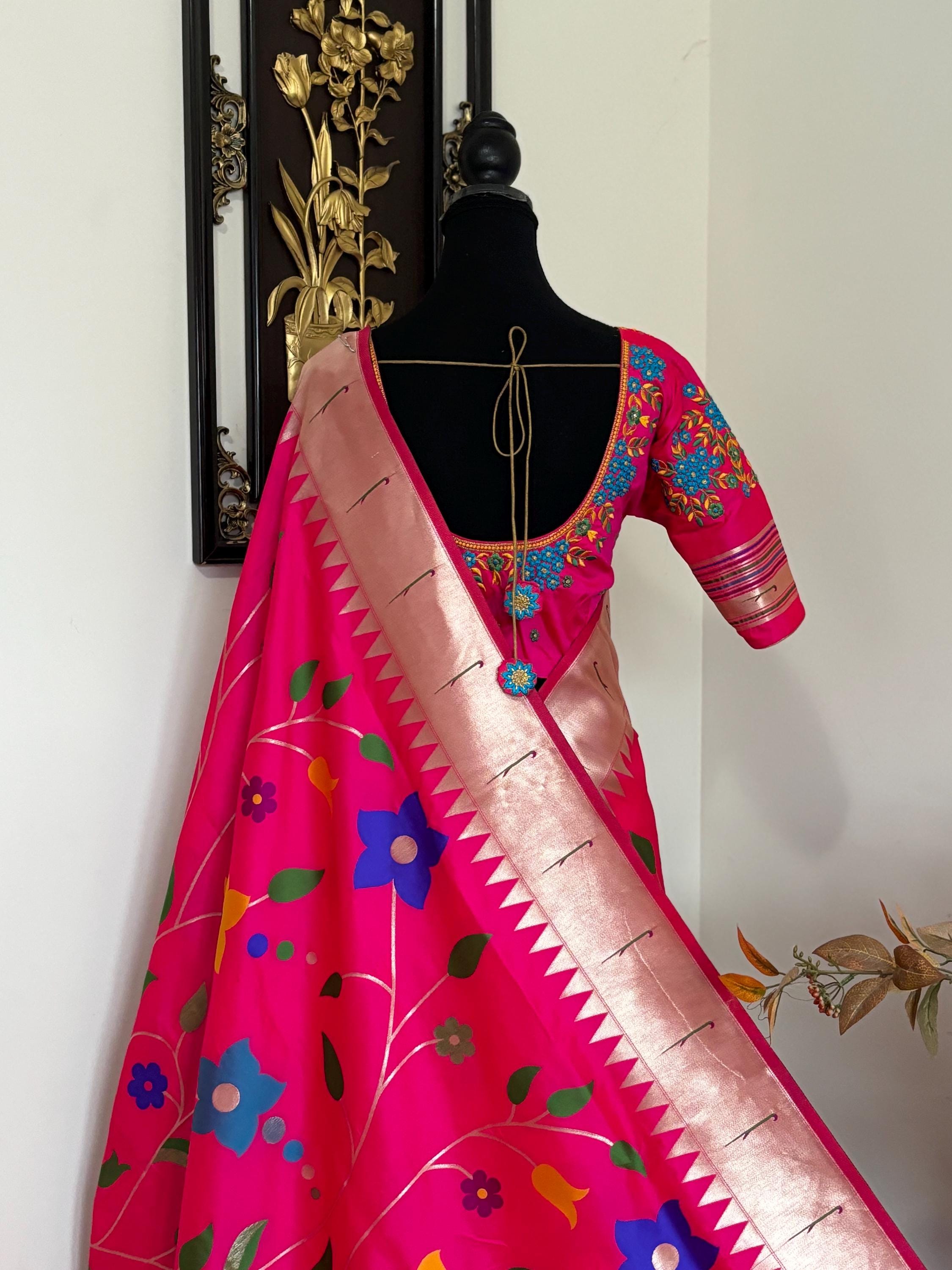 Beautiful pythani pure silk saree with all over floral design  ready to wear Maggam work blouse fit up to 32 to 46
