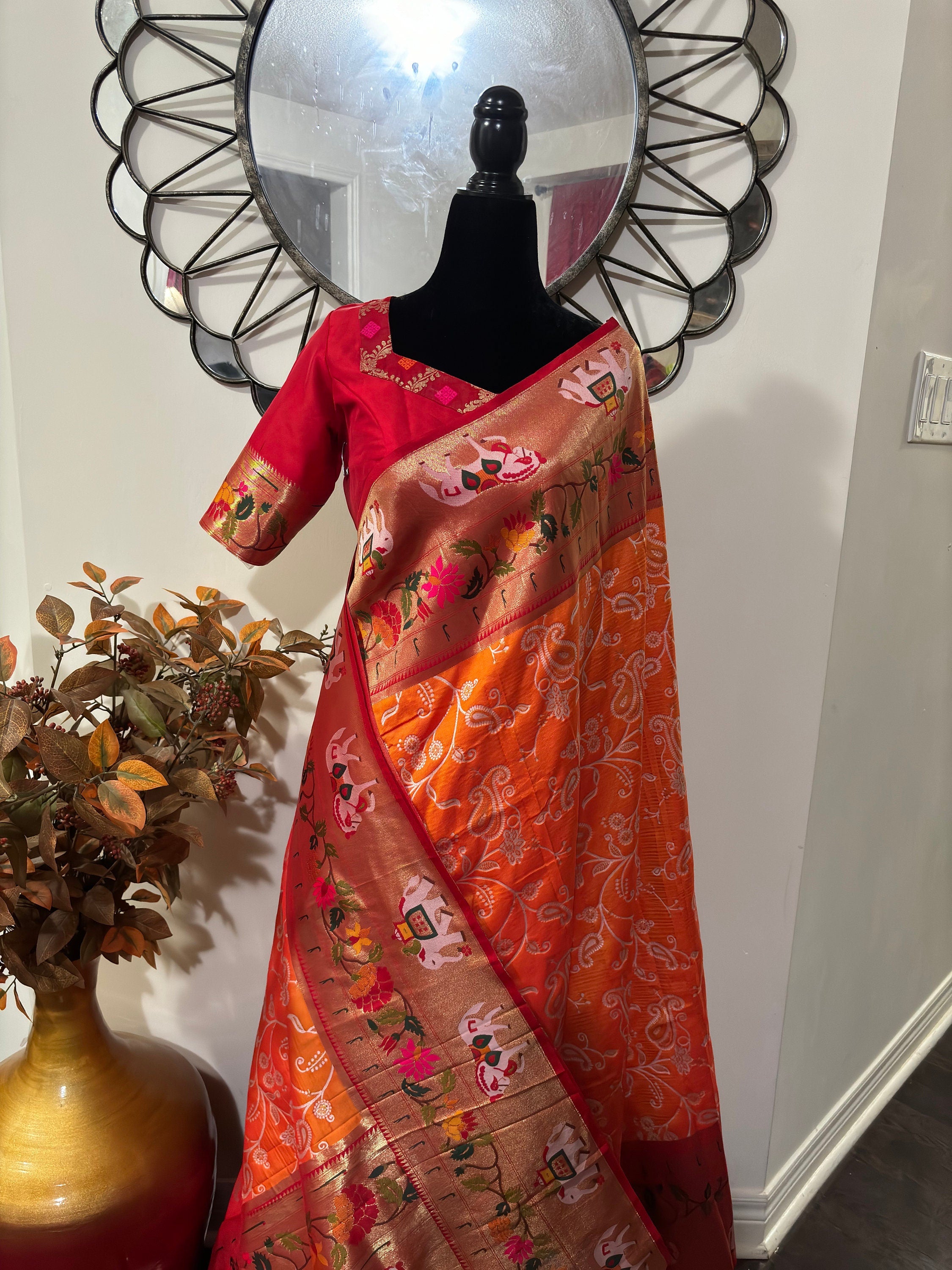 Beautiful Banarasi pythani saree in beautiful color with beautiful boarder and beautiful Pallu. Ready to wear maggam designer blouse 32-46