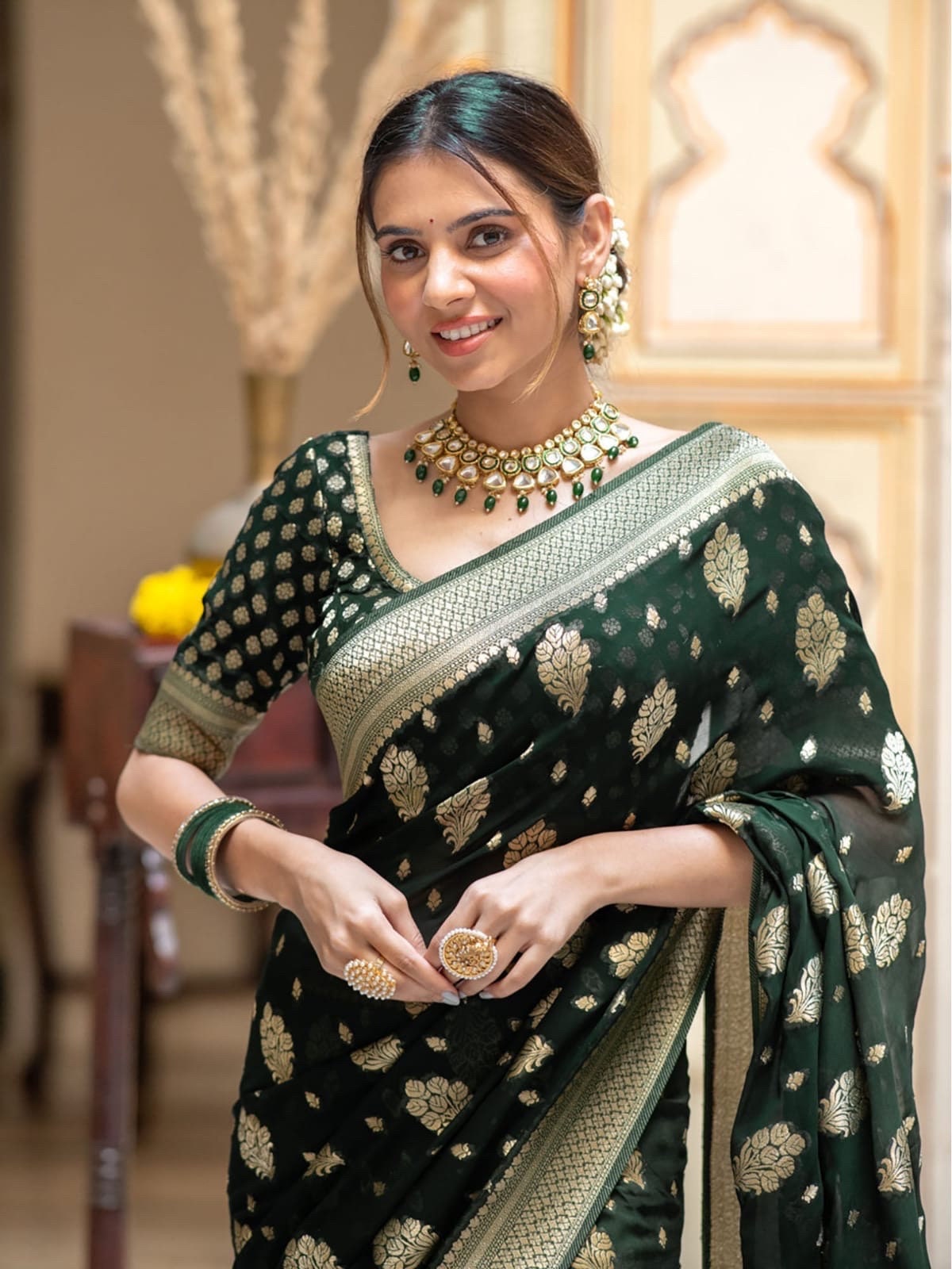 Banarasi handloom khadi georgette soft and falling saree all over beautiful water zari weaving work Any color possible ready to wear blouse