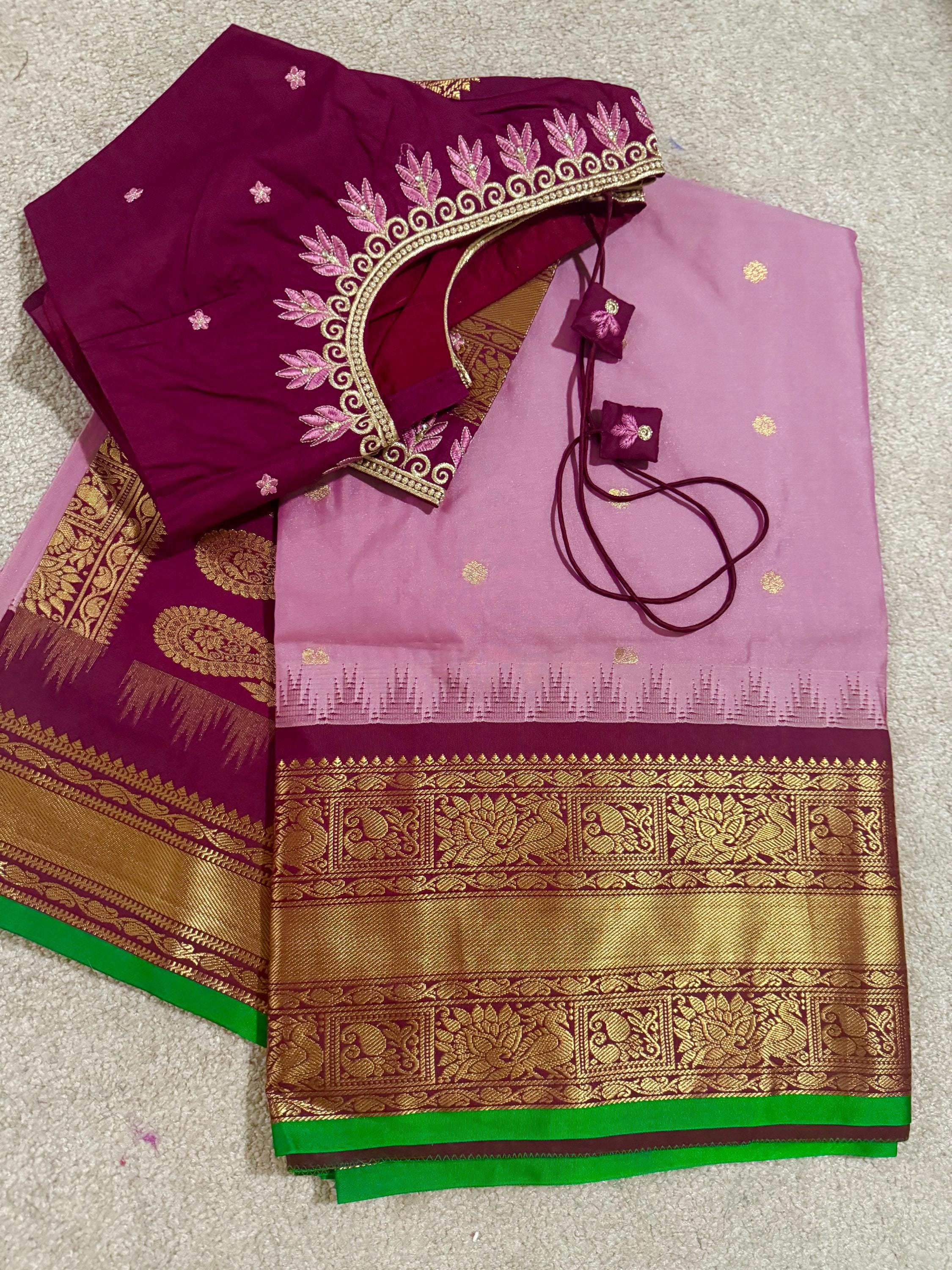 Gadwal Handloom pure silk sarees in rare colors and ready to wear blouse with embroidered blouse fits up to 32 -46 saree is ready fall pico