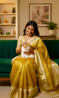 Bangalore silk golden saree with self weaving zari lines on all over with beautifully done work blouse fits 32 to 46
