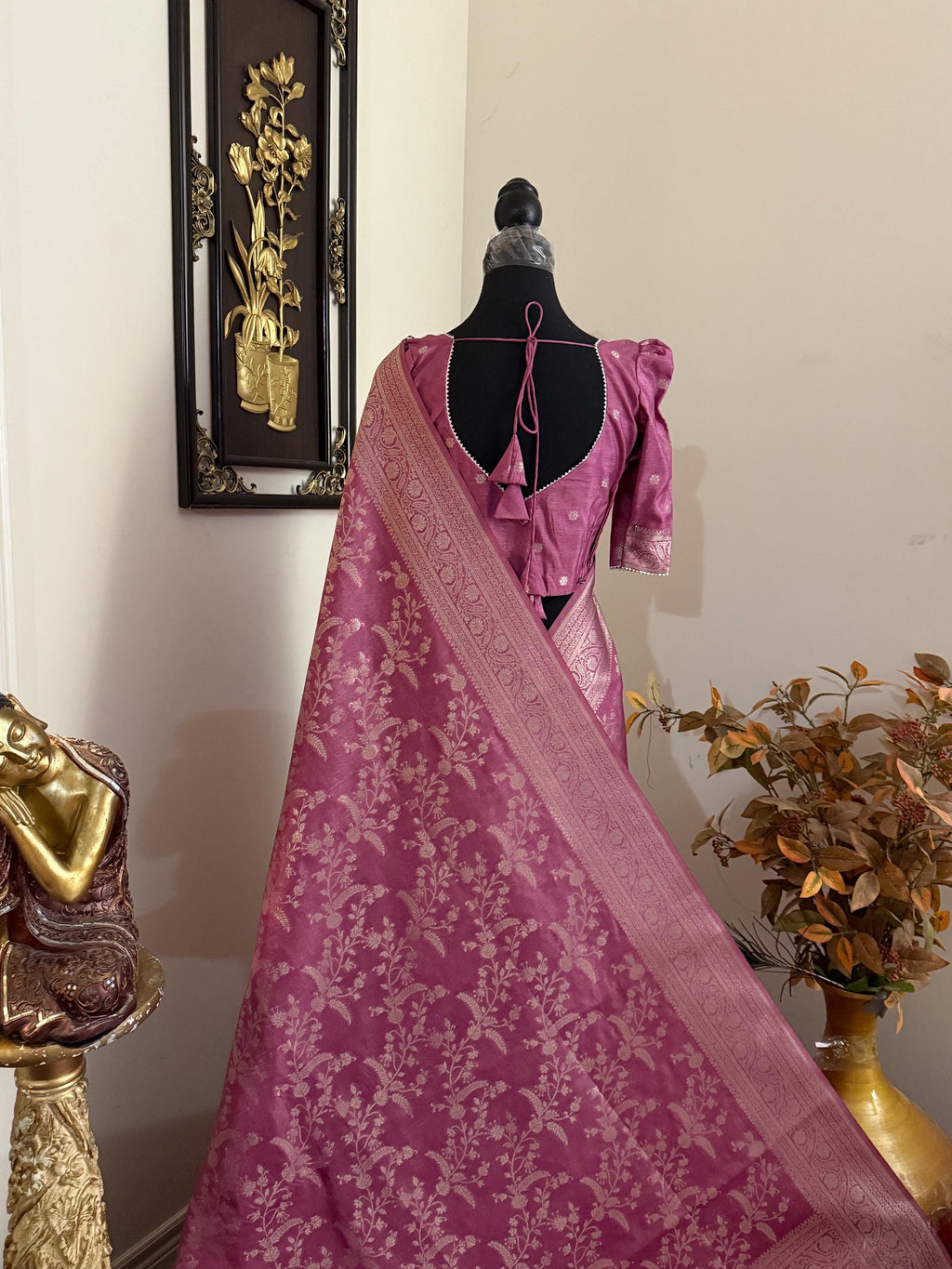 Beautiful banarasi saree with silver Zari weaving all over the saree paired up with pretty ready to wear  blouse that fits to 32 to 46