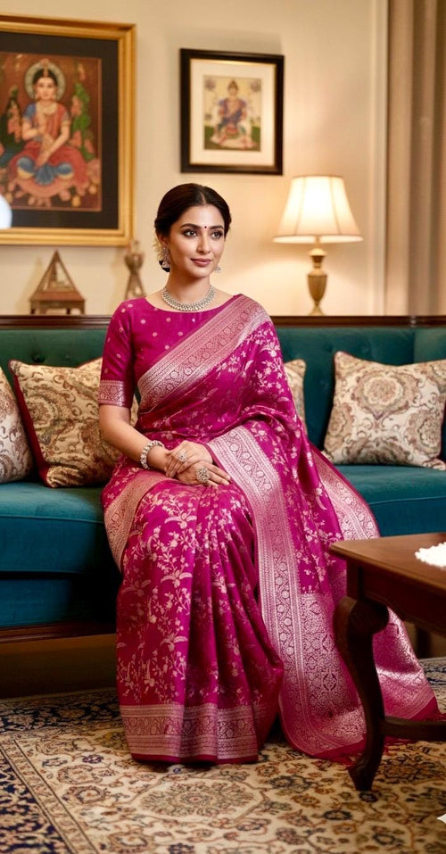 Beautiful banarasi saree with silver Zari weaving all over the saree paired up with pretty ready to wear  blouse that fits to 32 to 46