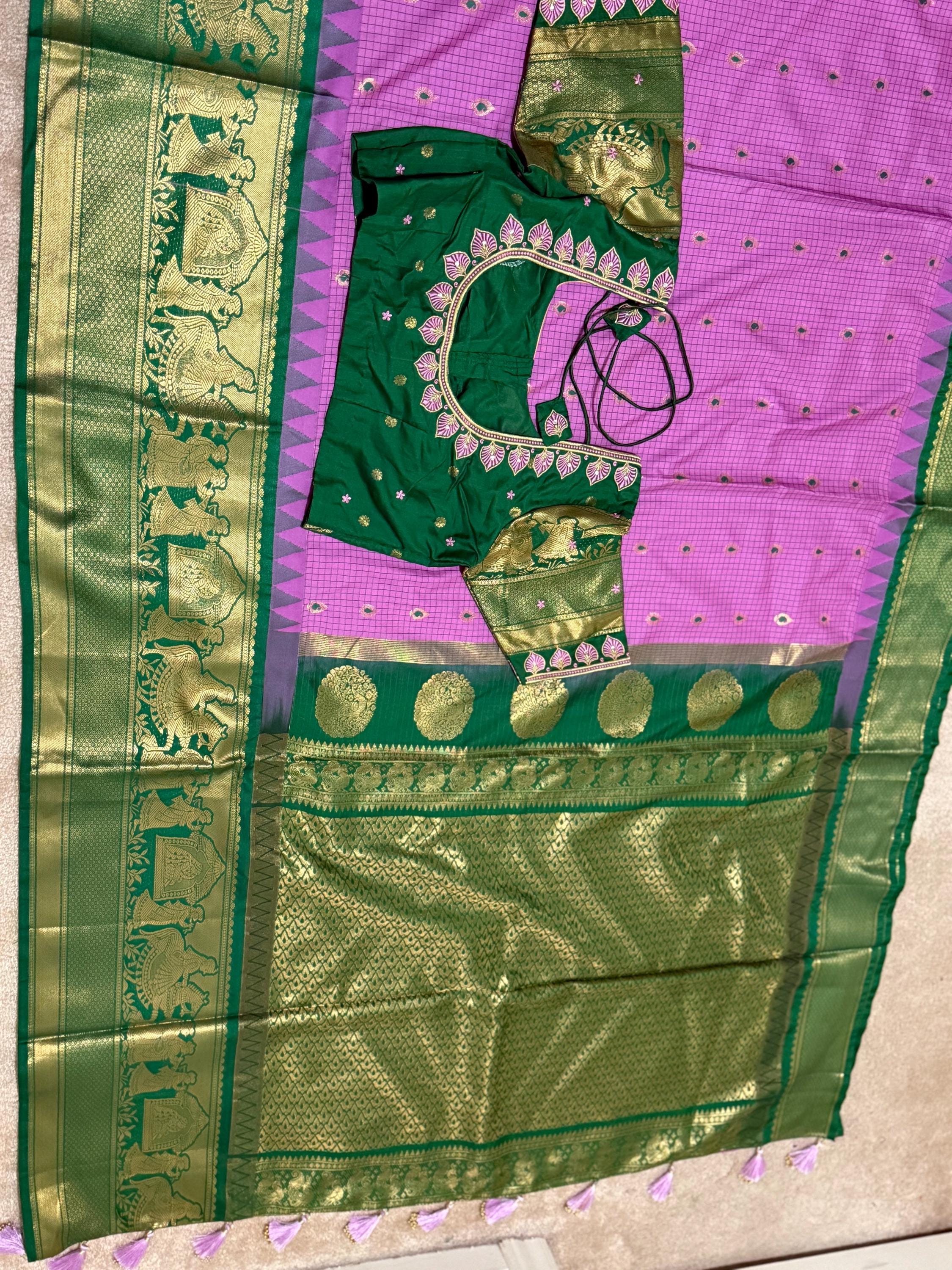 Gadwal Handloom pure silk sarees in rare colors and ready to wear blouse with embroidered blouse fits up to 32 -46 saree is ready fall pico