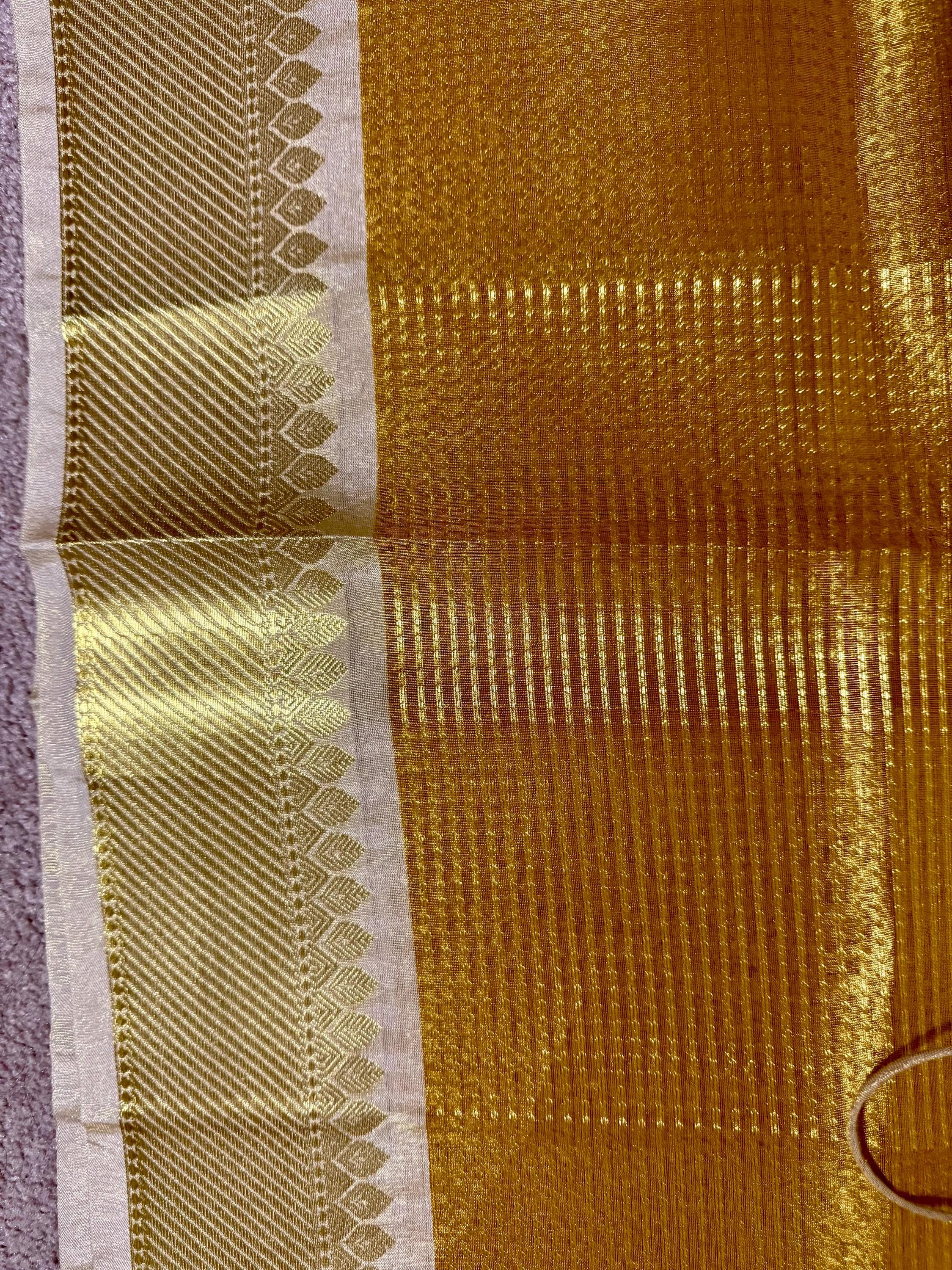 Bangalore silk golden saree with self weaving zari lines on all over with beautifully done work blouse fits 32 to 46