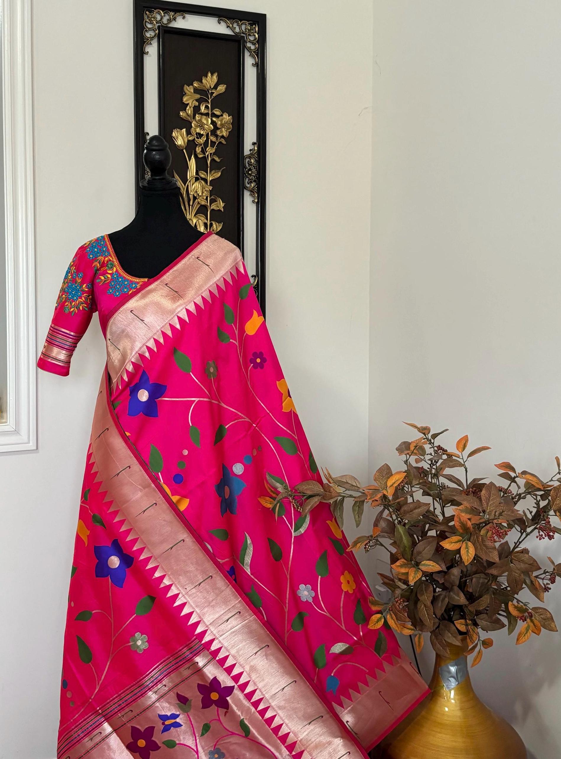 Beautiful pythani pure silk saree with all over floral design  ready to wear Maggam work blouse fit up to 32 to 46