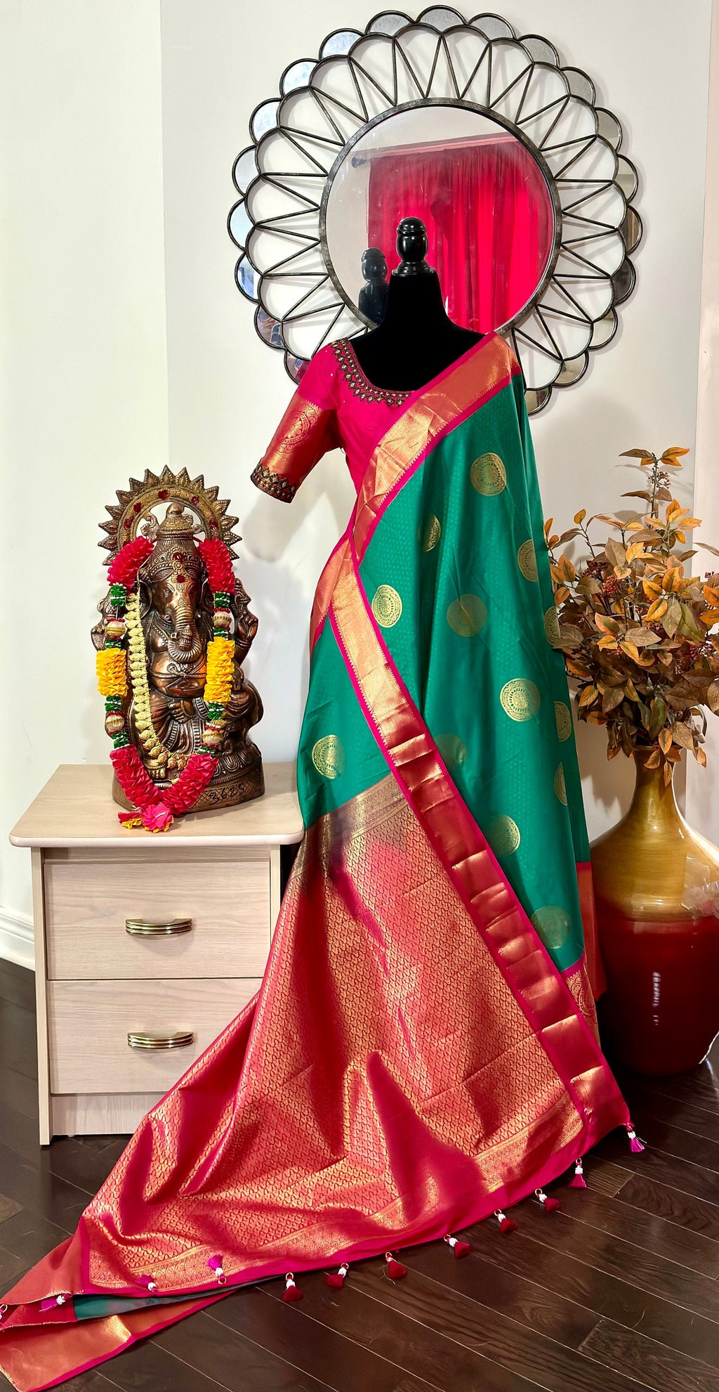 Kanchipuram soft silk saree in rare colors with beautifully done hand  made embroidered blouse with ready to wear work blouse fits 32 to 46