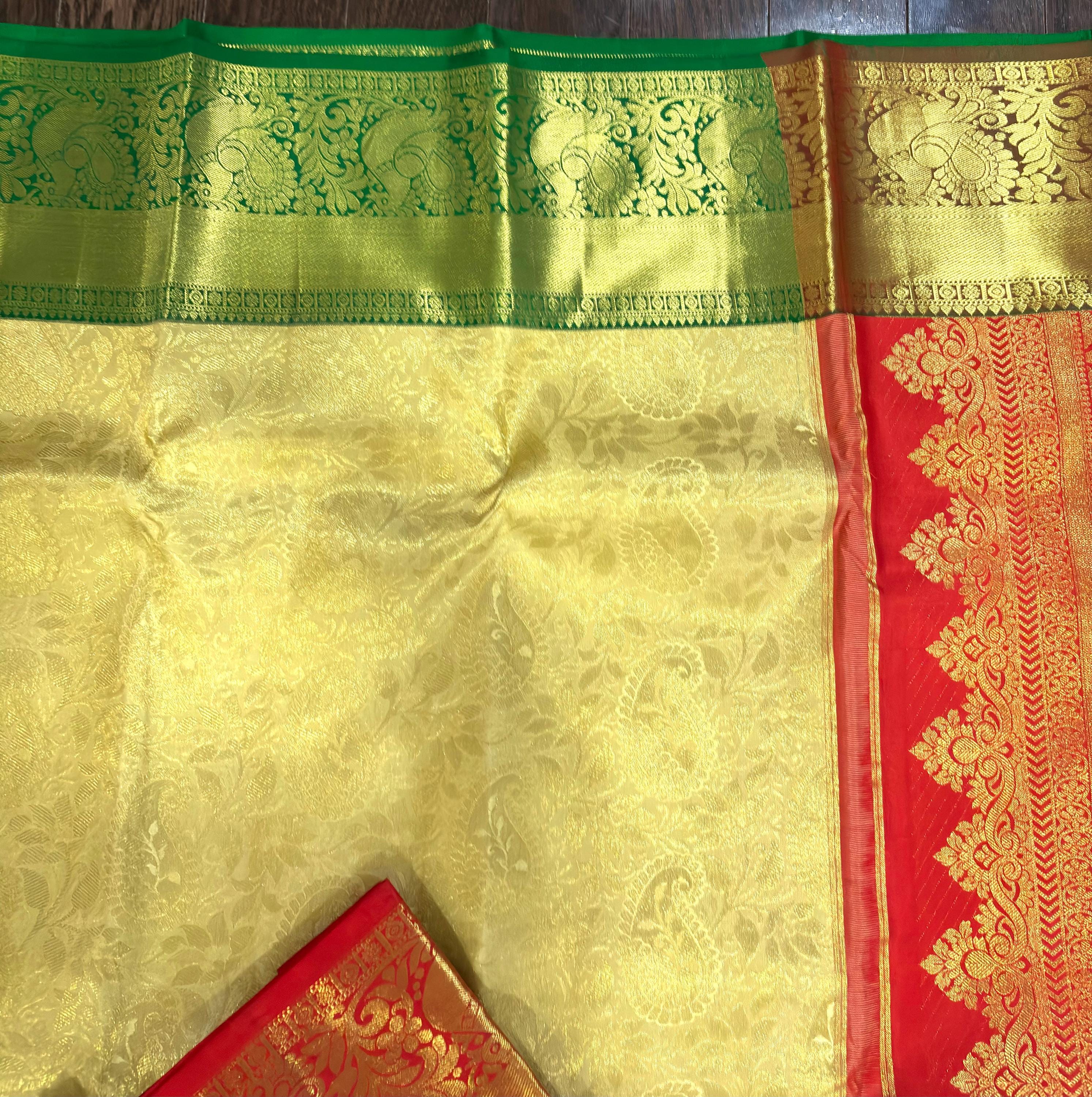Beautiful gold dual shade boarder Bridal  2 gram gold pure handloom  Silk Kanjeevarm/Kanchipattu Saree ready to dispatch silk mark certified