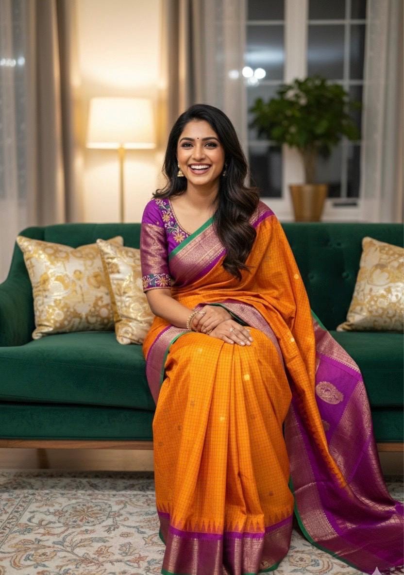 Gadwal Handloom pure silk sarees in Orangish yellow, ready to wear blouse with embroidered blouse fits up to 32 -46 saree is ready fall pico