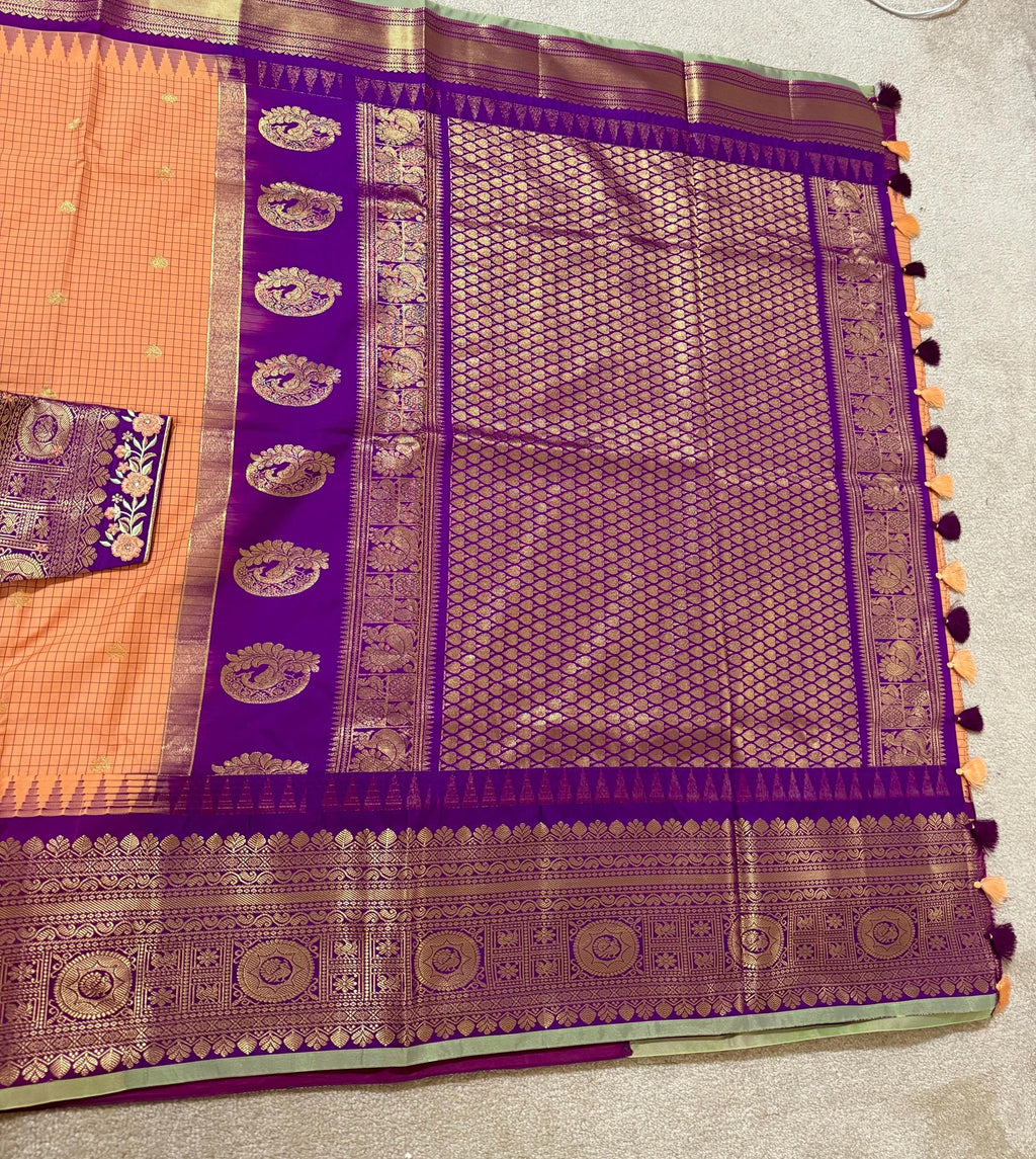 Gadwal Handloom pure silk sarees in rare colors and ready to wear blouse with embroidered blouse fits up to 32 -46 saree is ready fall pico