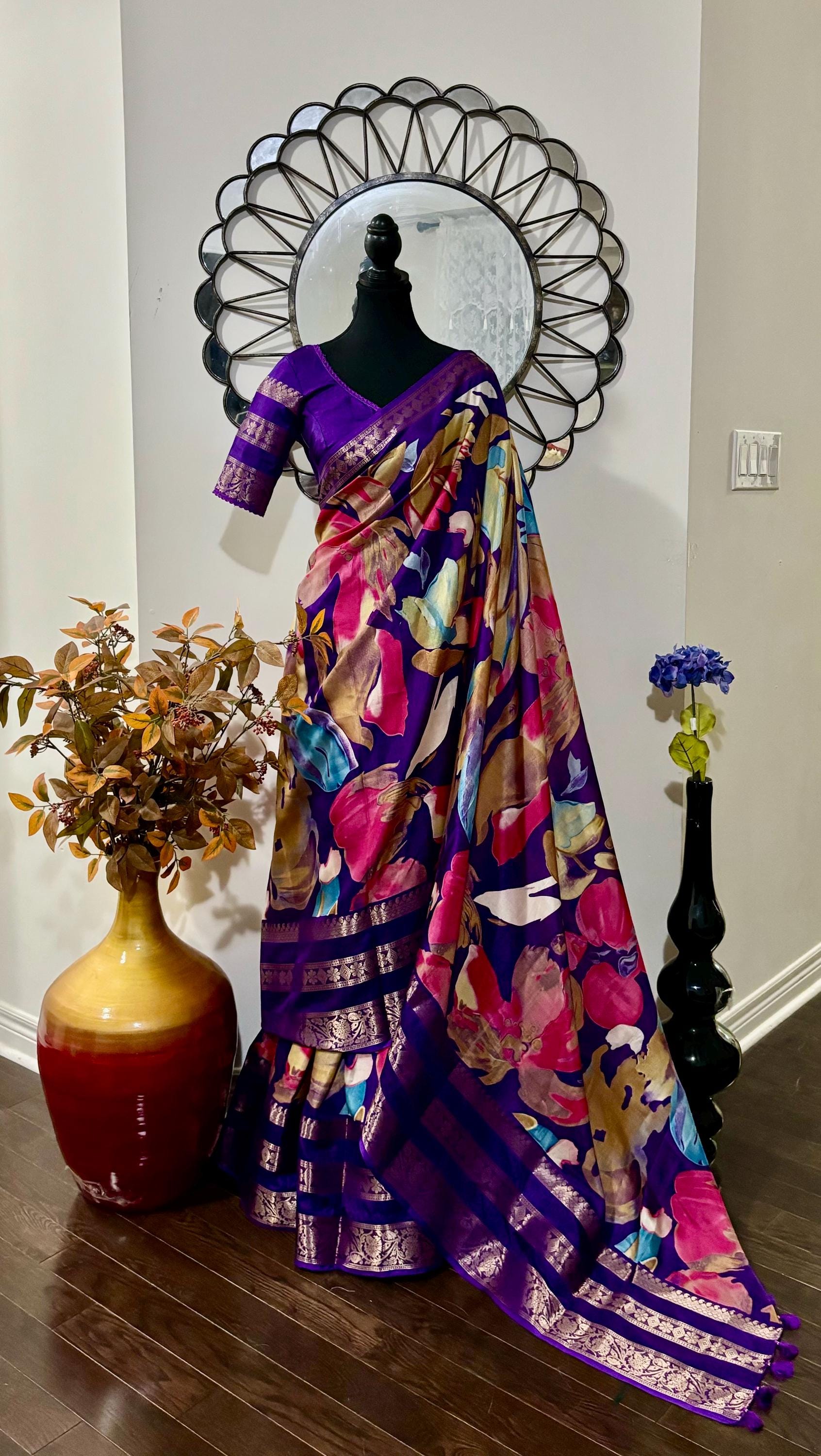 Light weight easy to drape Soft Silk fancy Saree; with beautiful digital floral prints  with Zari boarders ready to wear Blouse fits 32-46