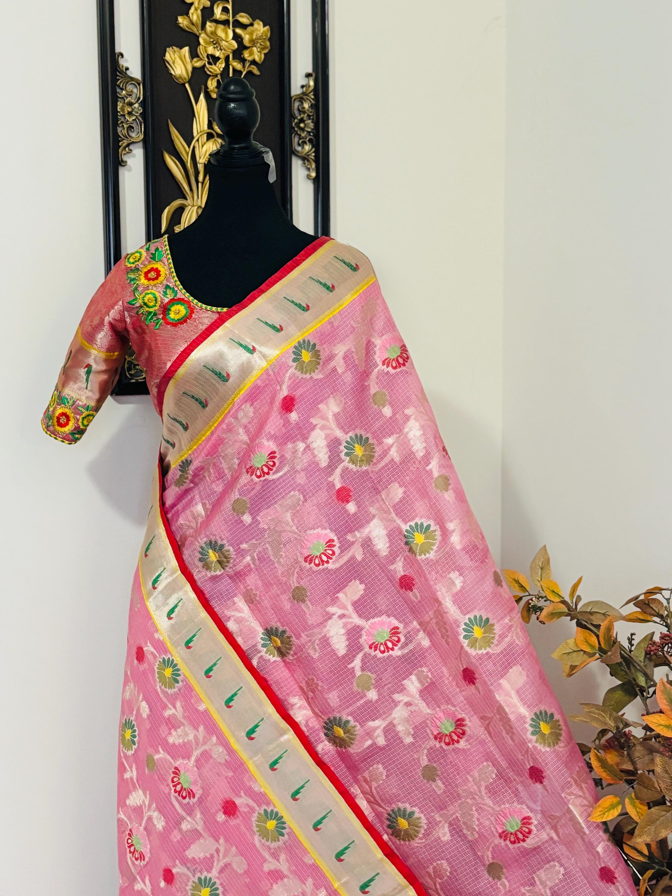 Beautiful Tissue Zari Kota saree with pythani  Zari boardes and beautifully done blouse paired up with pretty blouse fits up to 32 to 46