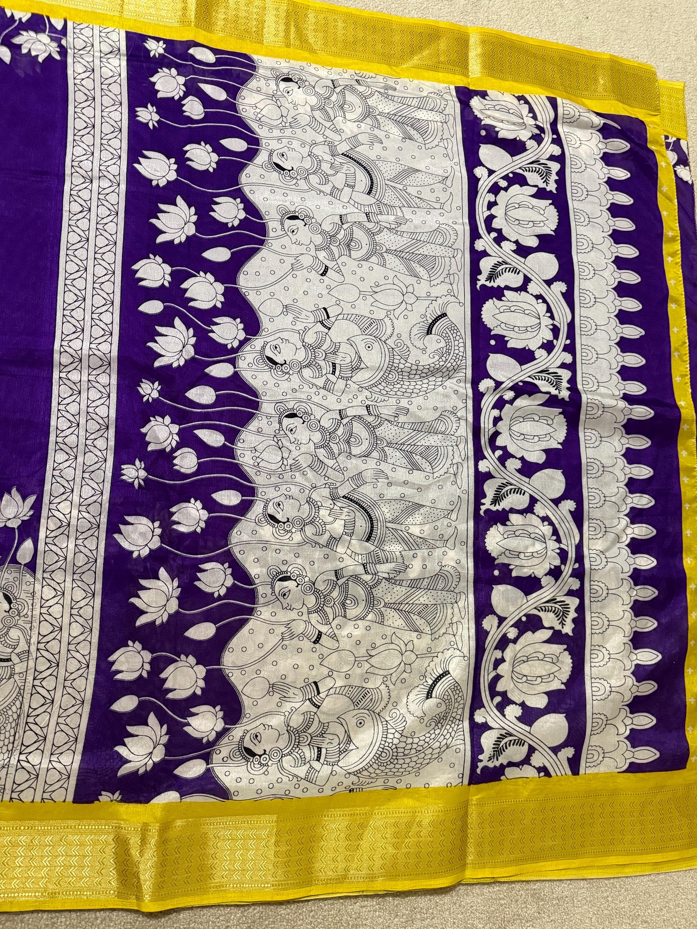 Light weight easy to drape Soft Silk fancy Saree; with beautiful Kanchi boarder , with Kalamkari design ready to wear Blouse fits 32-46