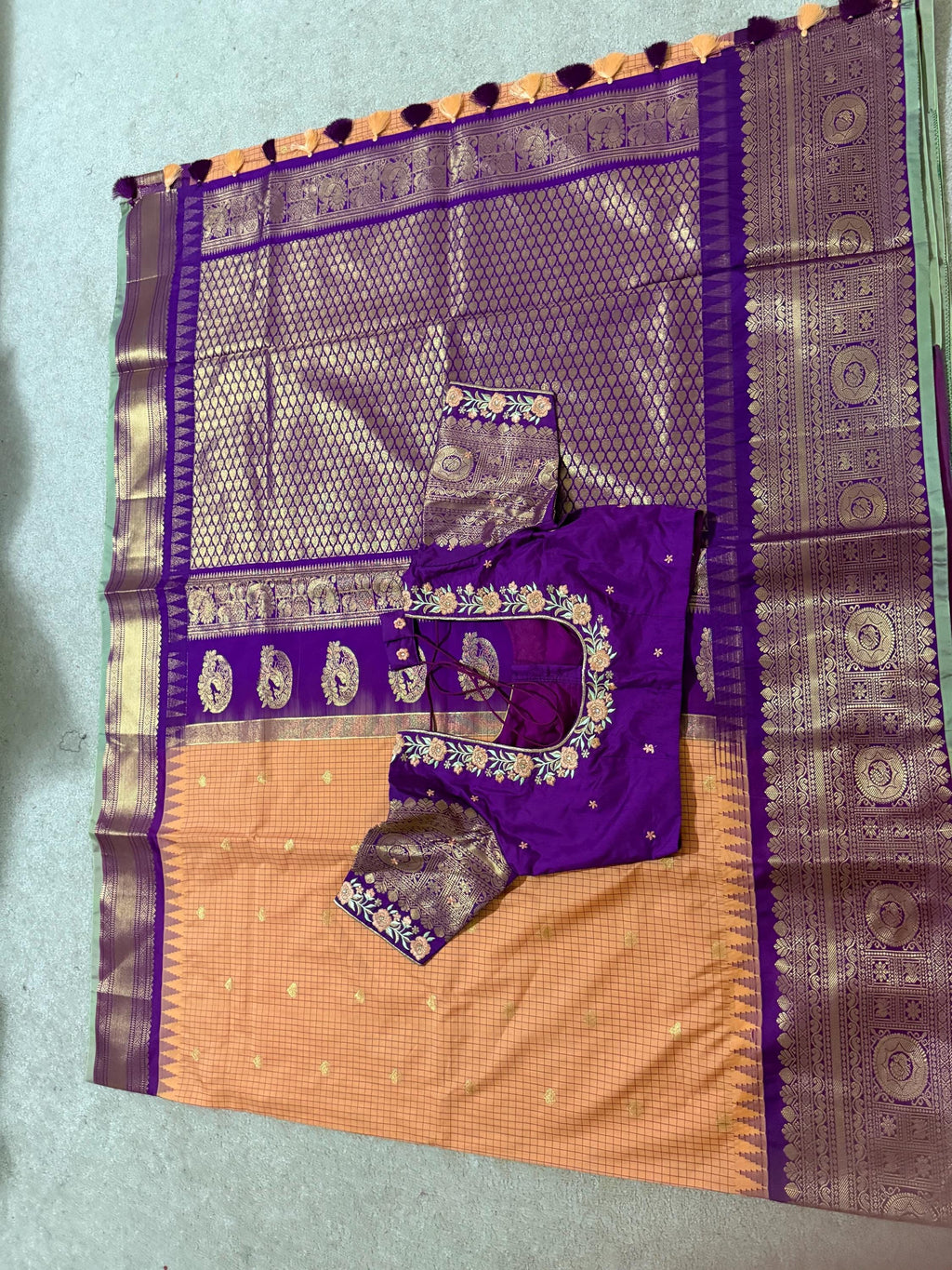 Gadwal Handloom pure silk sarees in rare colors and ready to wear blouse with embroidered blouse fits up to 32 -46 saree is ready fall pico