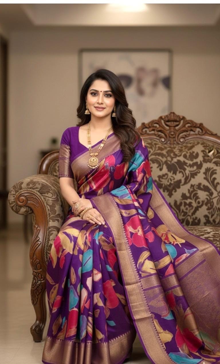 Light weight easy to drape Soft Silk fancy Saree; with beautiful digital floral prints  with Zari boarders ready to wear Blouse fits 32-46