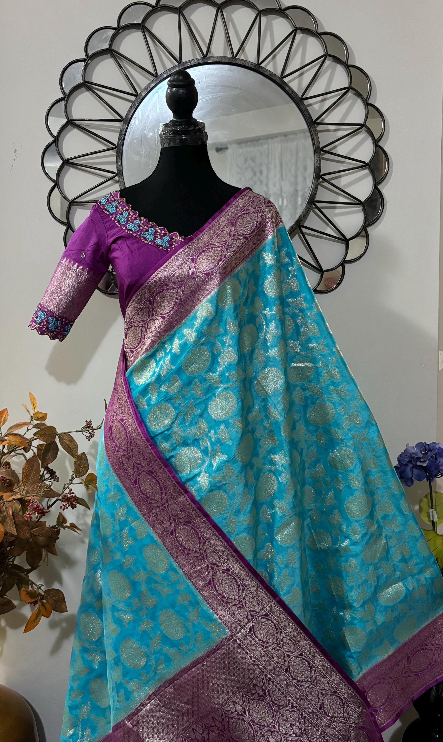 Beautiful banarasi silk saree paired up with beautiful embroidery blouse fits to 32 to 46 in beautiful rare colors all over jaal. Cocktails