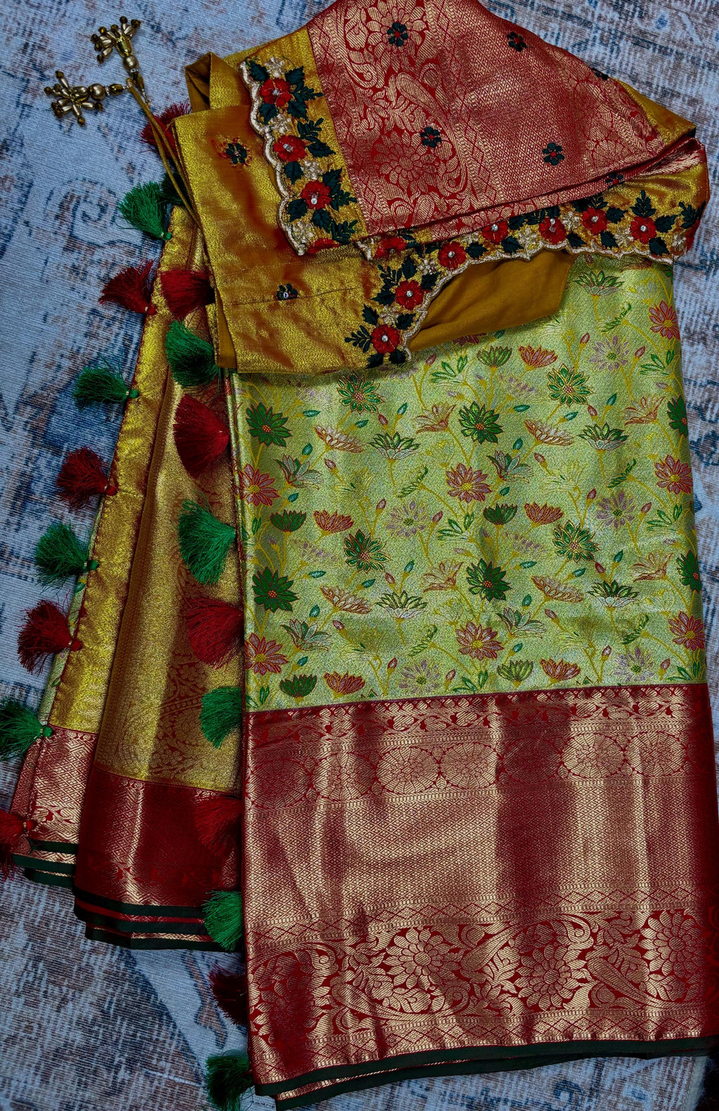 Kanchipuram tissu silk saree in rare colors with beautifully done hand  made embroidered blouse with ready to wear work blouse fits 32 to 46