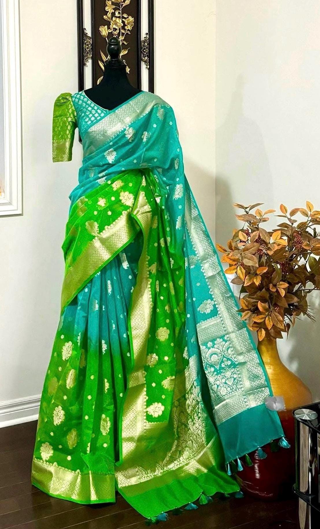 Banarasi dual shade handloom khadi georgette silk saree all over beautiful water zari weaving beautiful combinations, any color possible