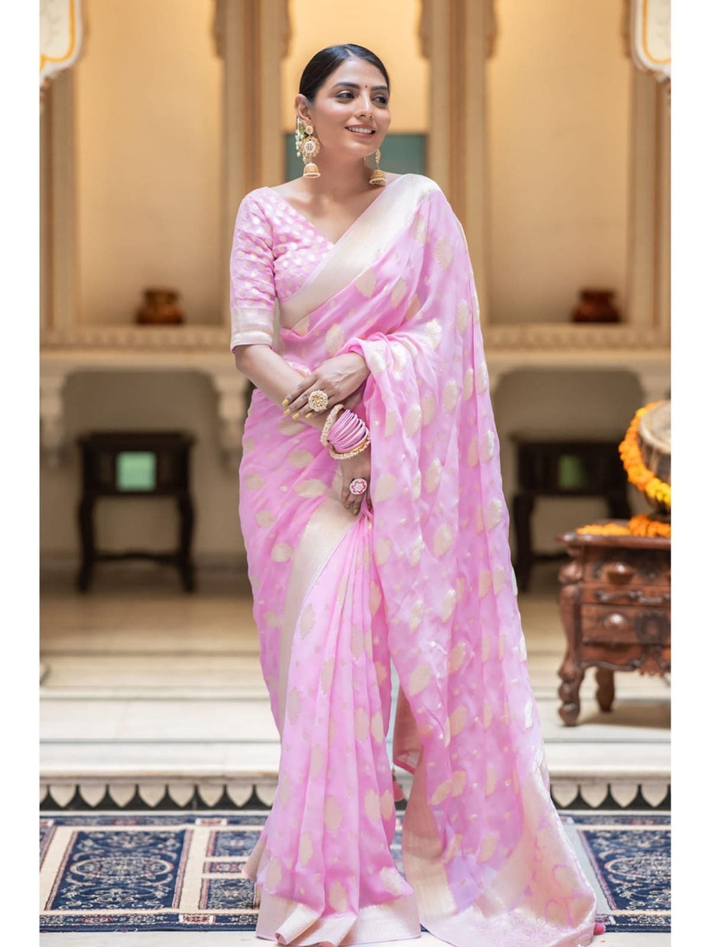 Banarasi handloom khadi georgette silk soft falling saree all over beautiful water zari weaving work any color possible ready to wear blouse