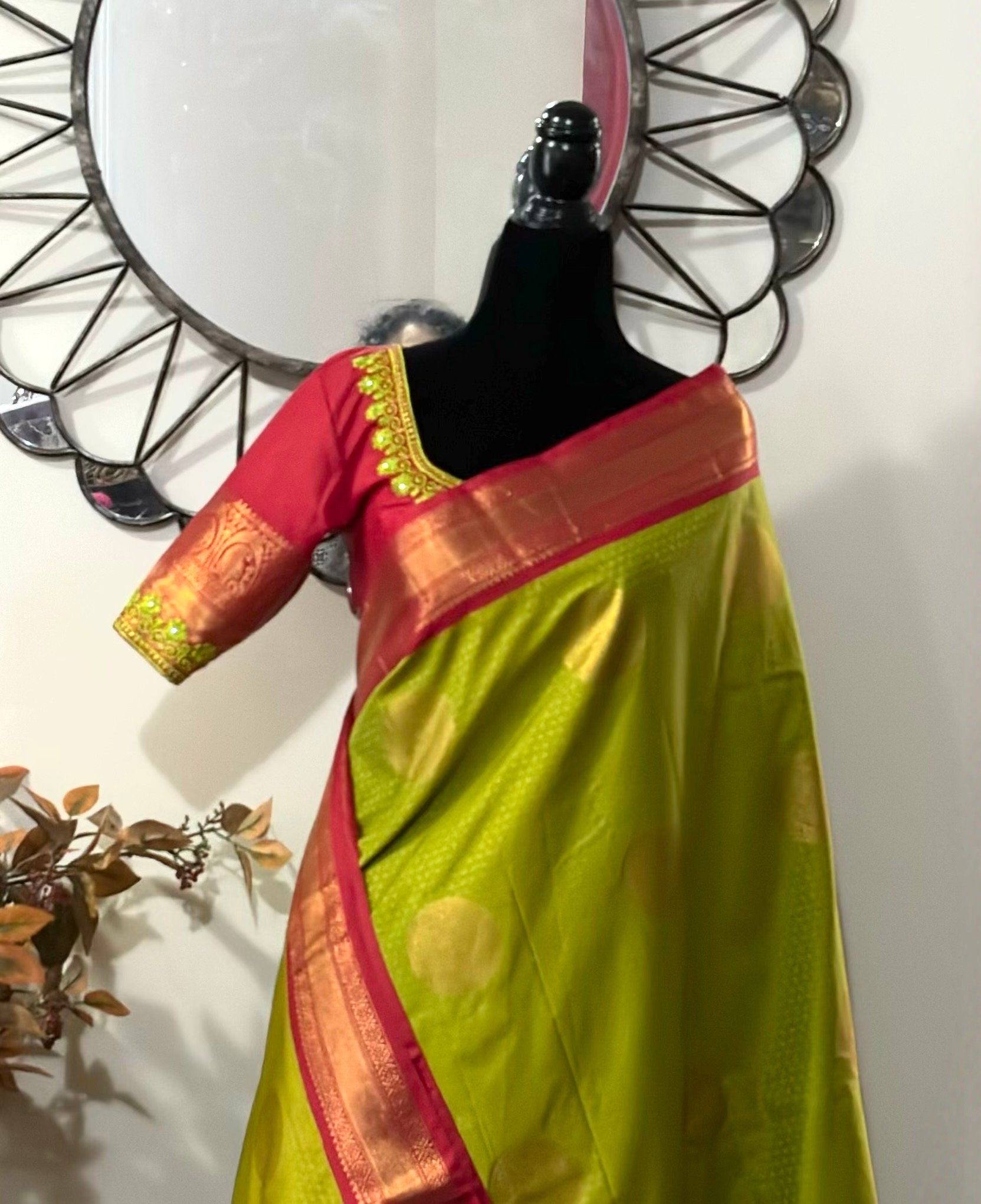 Kanchipuram soft silk saree in rare colors with beautifully done hand  made embroidered blouse with ready to wear work blouse fits 32 to 46