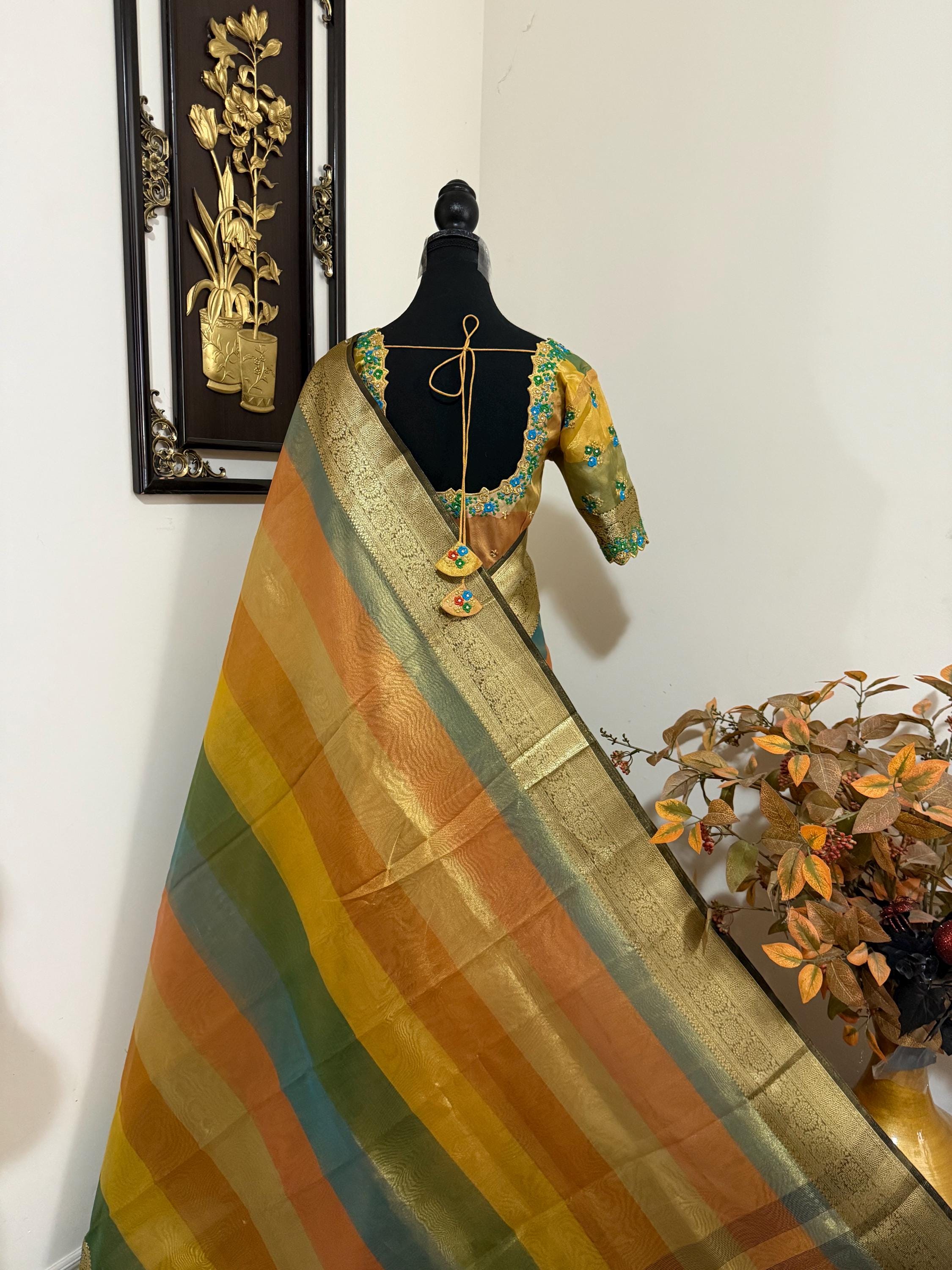 Banarsi fancy beautiful kora organza double zari silk saree very soft ant flowy ready to wear designer blouse fits 32-46  eye cooling shades