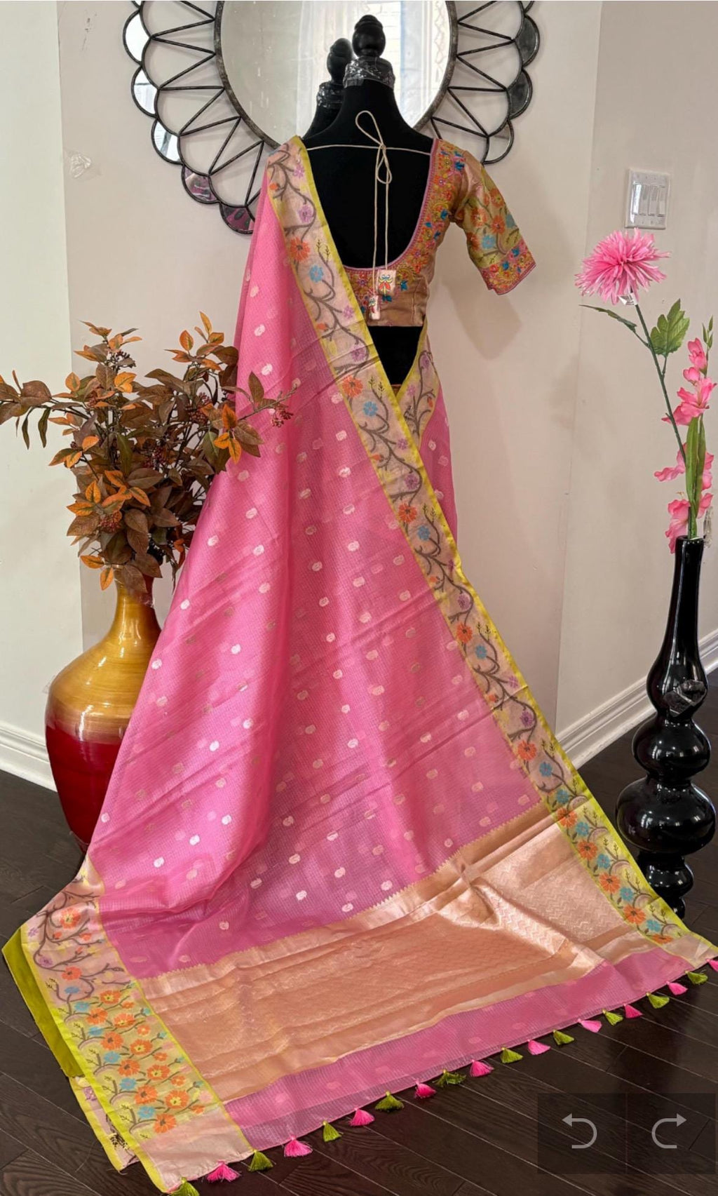 Beautiful Tissue Zari Kota saree with pythani  Zari boardes and beautifully done blouse paired up with pretty blouse fits up to 32 to 46