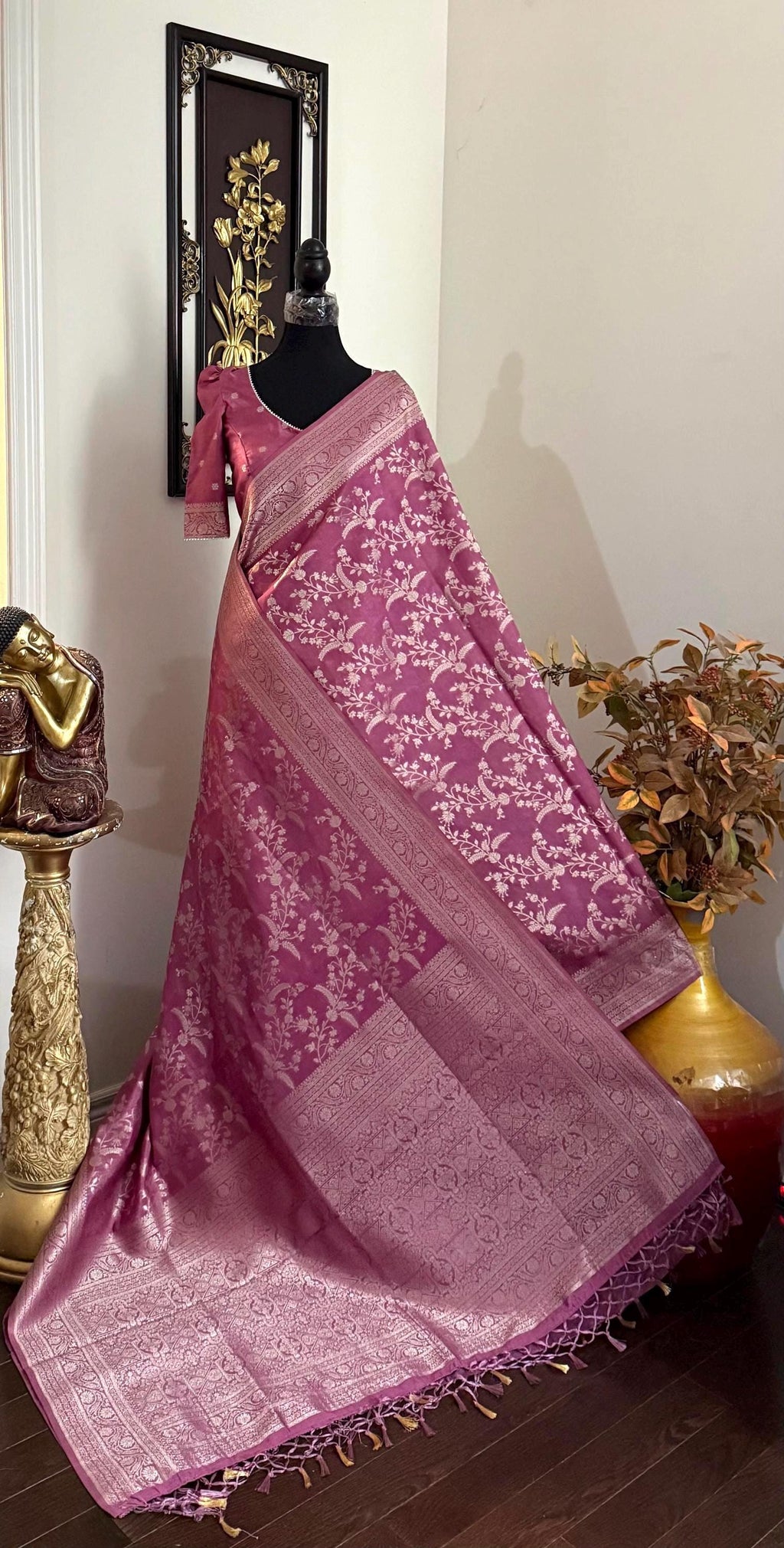 Beautiful banarasi saree with silver Zari weaving all over the saree paired up with pretty ready to wear  blouse that fits to 32 to 46