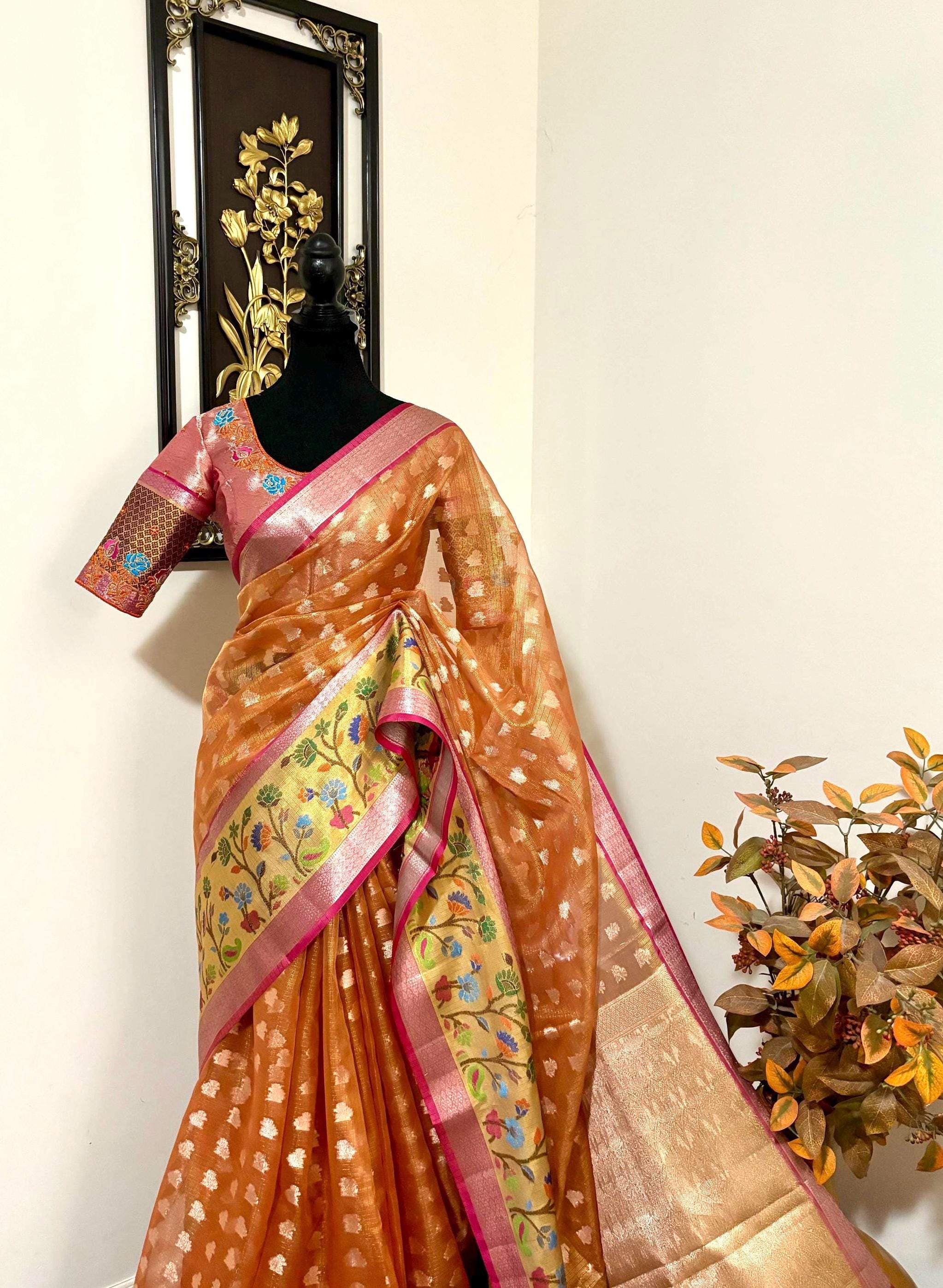 Beautiful Tissue Zari Kota saree with pythani  Zari boardes and beautifully done blouse paired up with pretty blouse fits up to 32 to 46