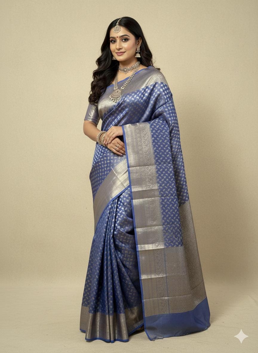 Beautiful party wear cocktail pure silk  banarasi crush tissue  saree paired up with pretty designer Blouse fits 32-46