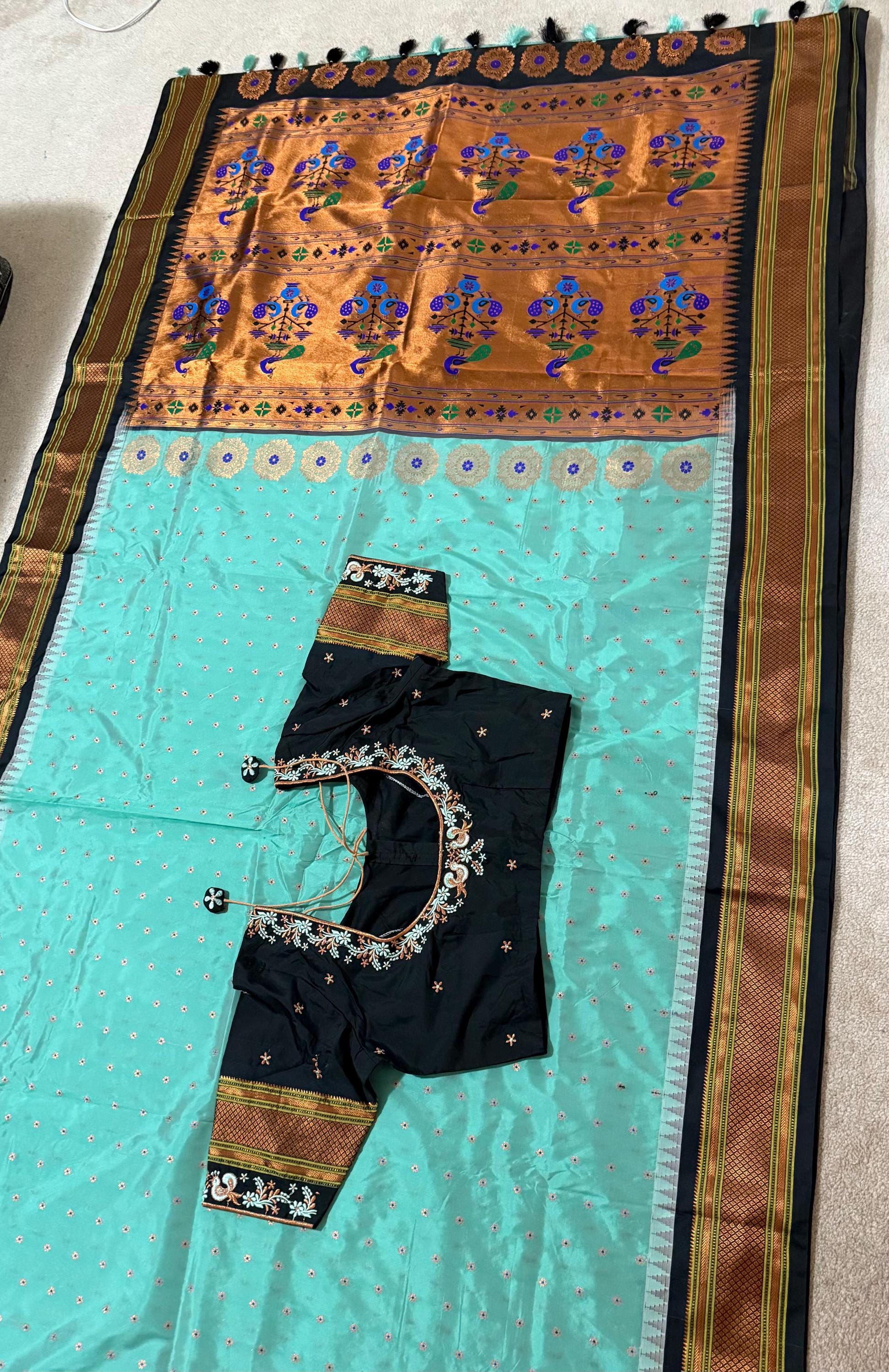 Gadwal Handloom pure silk sarees in rare colors and ready to wear blouse with embroidered blouse fits up to 32 -46 saree is ready fall pico