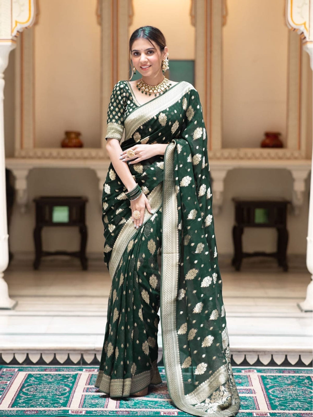 Banarasi handloom khadi georgette soft and falling saree all over beautiful water zari weaving work Any color possible ready to wear blouse