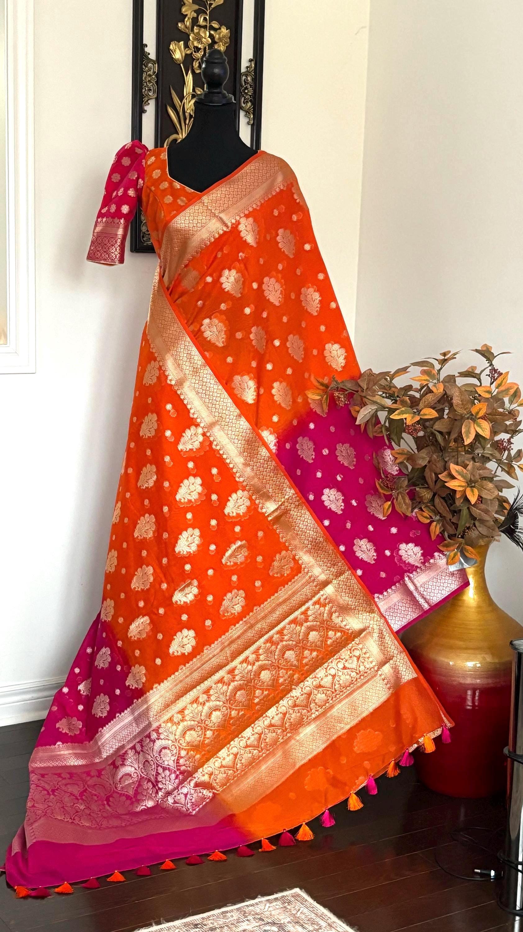 Beautiful Banarasi Dual shade  handloom khadi georgette silk saree all over beautiful water zari weaving work all over  32-46 Ready Blouse