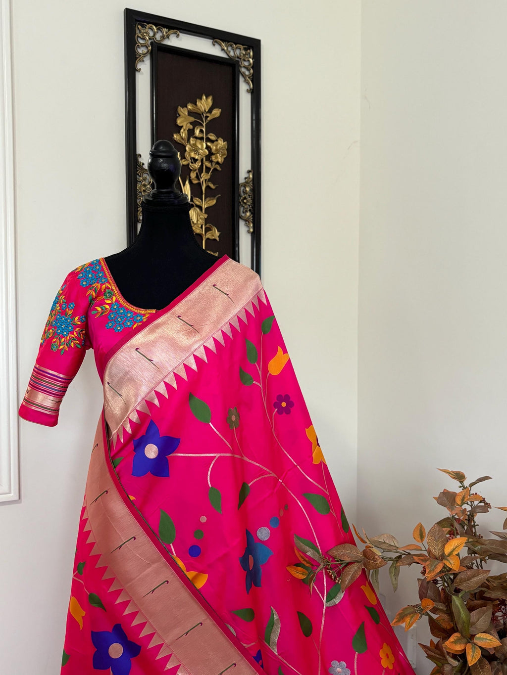 Beautiful pythani pure silk saree with all over floral design  ready to wear Maggam work blouse fit up to 32 to 46